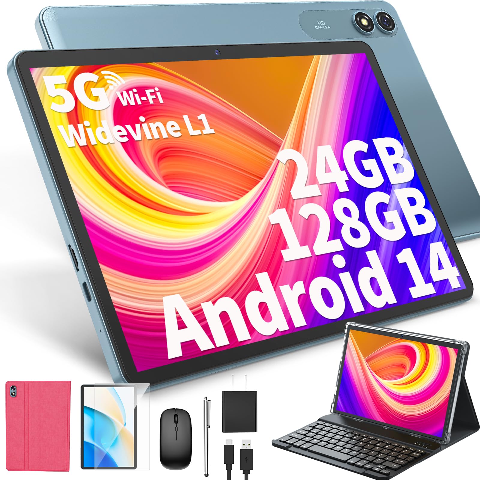 Hisorl Android Tablet With Keyboard, Android 14 Tablet 10 Inch With 24Gb+128Gb, 1Tb Expand, 8 Core, 8000Mah, 5G Wifi, Widevine L