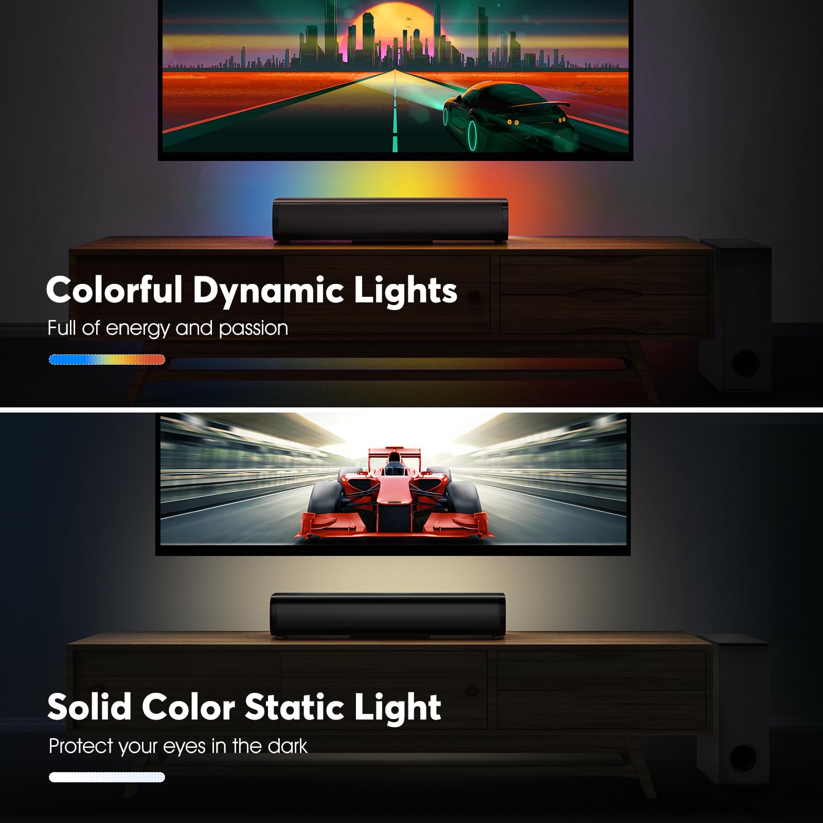 Wohome Sound Bar With Wired Subwoofer For Smart Tv, 2.1 Ch Small Tv Soundbar Speakers With Colorful Backlight Support Bluetooth 5.3/Optical/Aux Connectivity, S100 (Black With Subwoofer)