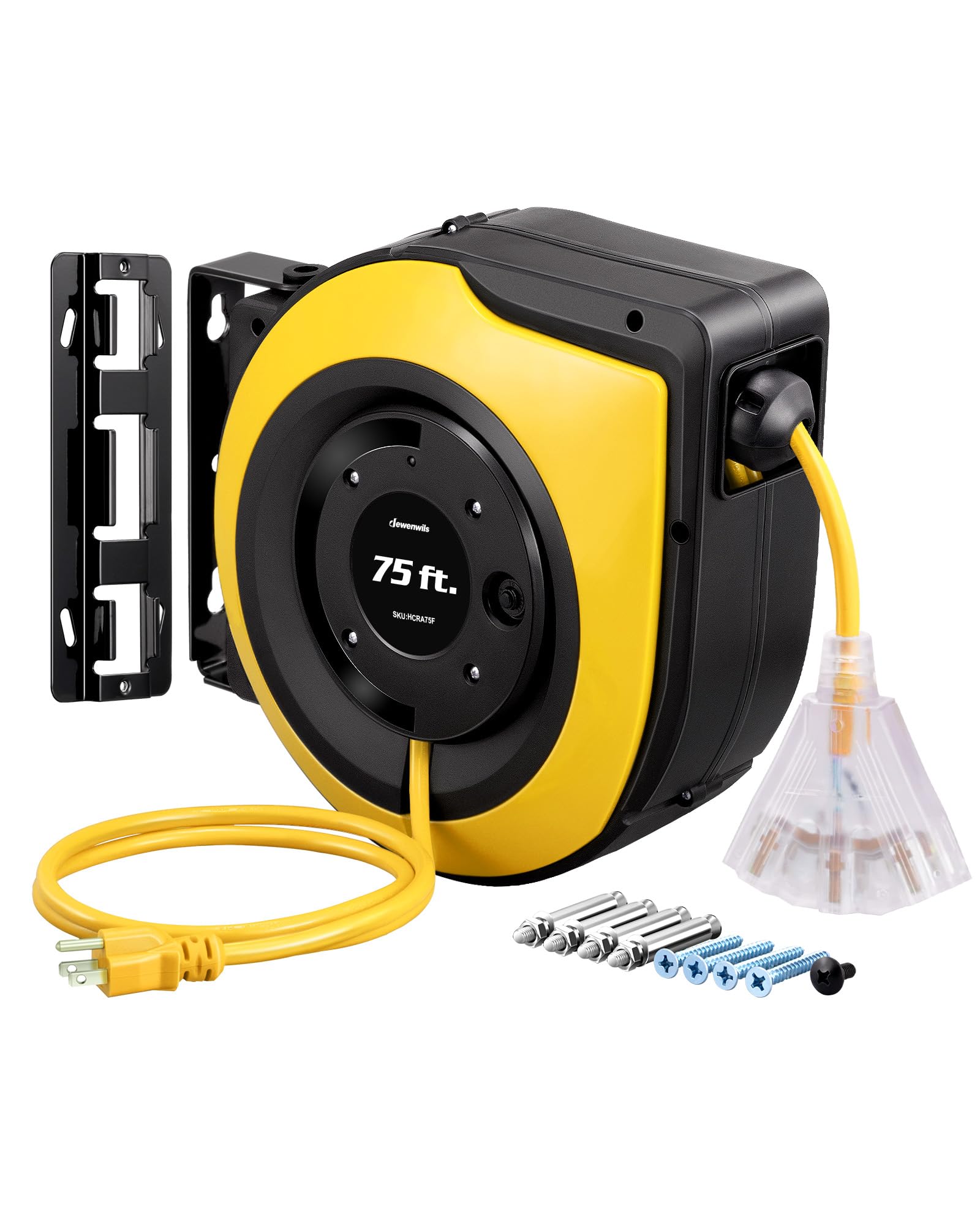 Dewenwils Retractable Extension Cord Reel, 75 Ft Heavy Duty Power Cord, 14/3C Sjtow Retractable Cord Reel, Lighted Triple Outlet