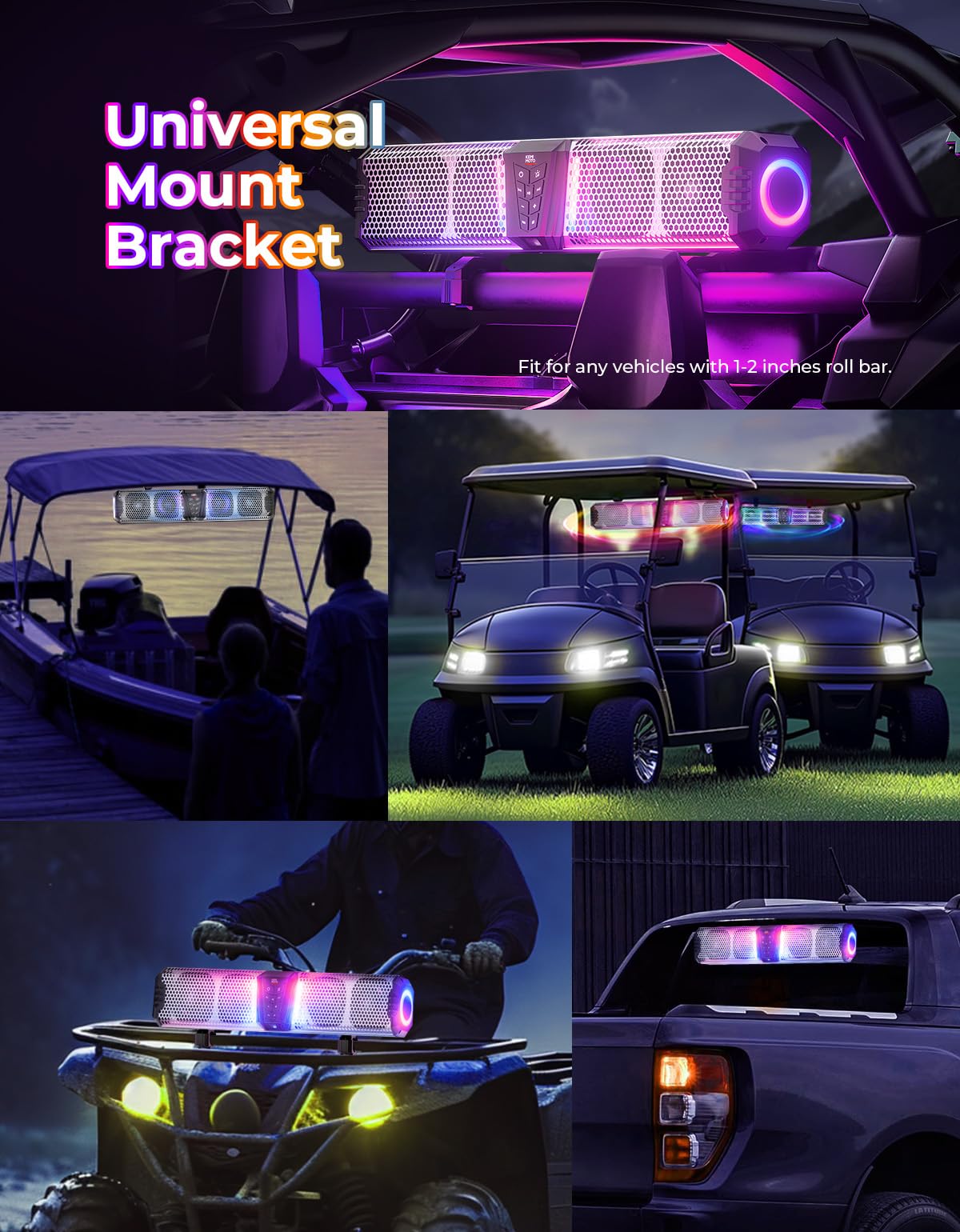 Kemimoto Midnight S60 26-Inch Utv Sound Bar Waterproof Ip66, 65Hz Deep Bass, Metal-Built, Synced Multicolor Lights, Utv Bluetoot