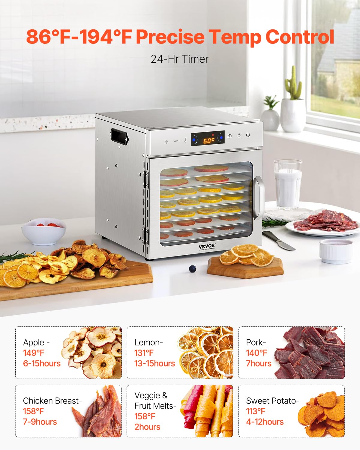 Vevor Food Dehydrator Machine, 8 Stainless Steel Trays, 400W Electric Food Dryer With Adjustable Temperature & 24-Hour Timer, Fr