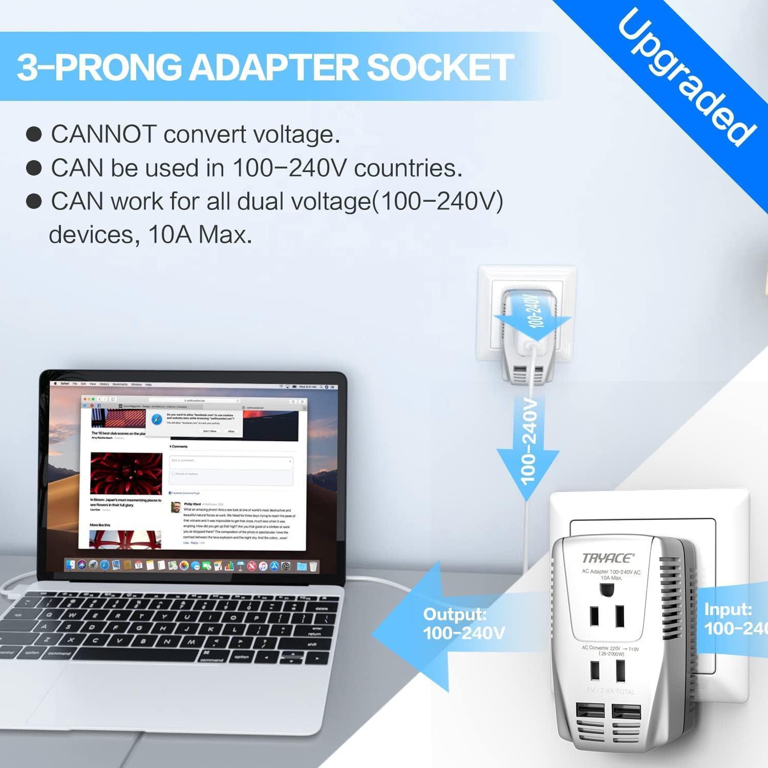 Tryace 2000W Voltage Converter 220V To 110V Converter, 10A Travel Adapter With 2 Port Usb,Power Converter Voltage Converter Us T