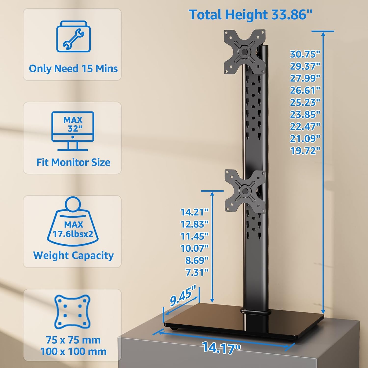 Mountup Vertical Dual Monitor Stand, Stack Two Screens Up To 32 Inches,17.6 Lbs, Free Standing Monitor Desk Mount, Monitor Riser