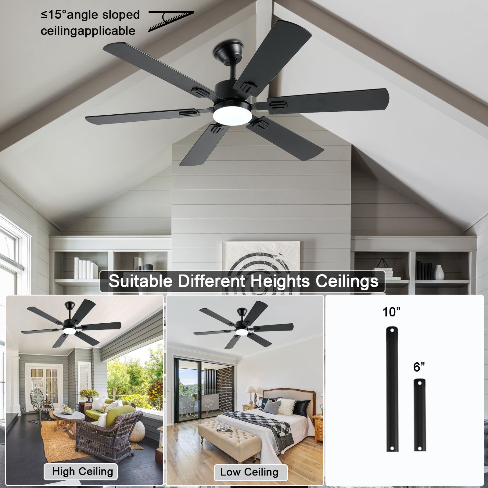 56Inch Black Ceiling Fans With Lights And Remote/App Control, Dimmable Led, Reversible Dc Motor, Noiseless, 6 Double Side Blades