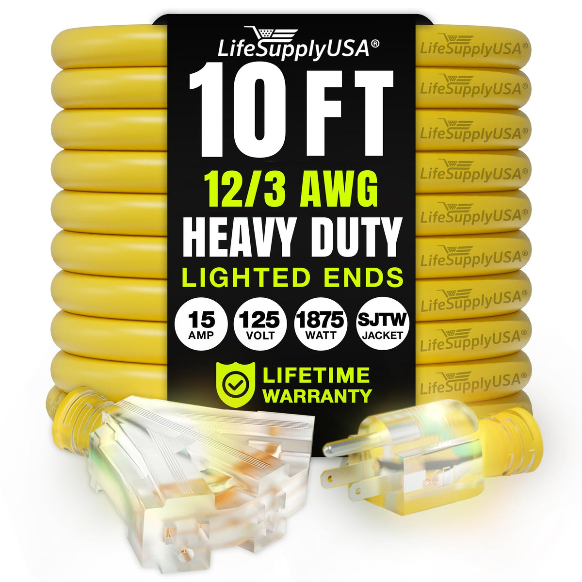 10 Ft Extension Cord 12/3 Sjtw With Lighted 3 Outlet   Yellow   Indoor/Outdoor Heavy Duty Extra Durability 15 Amp 125 Volts 1875