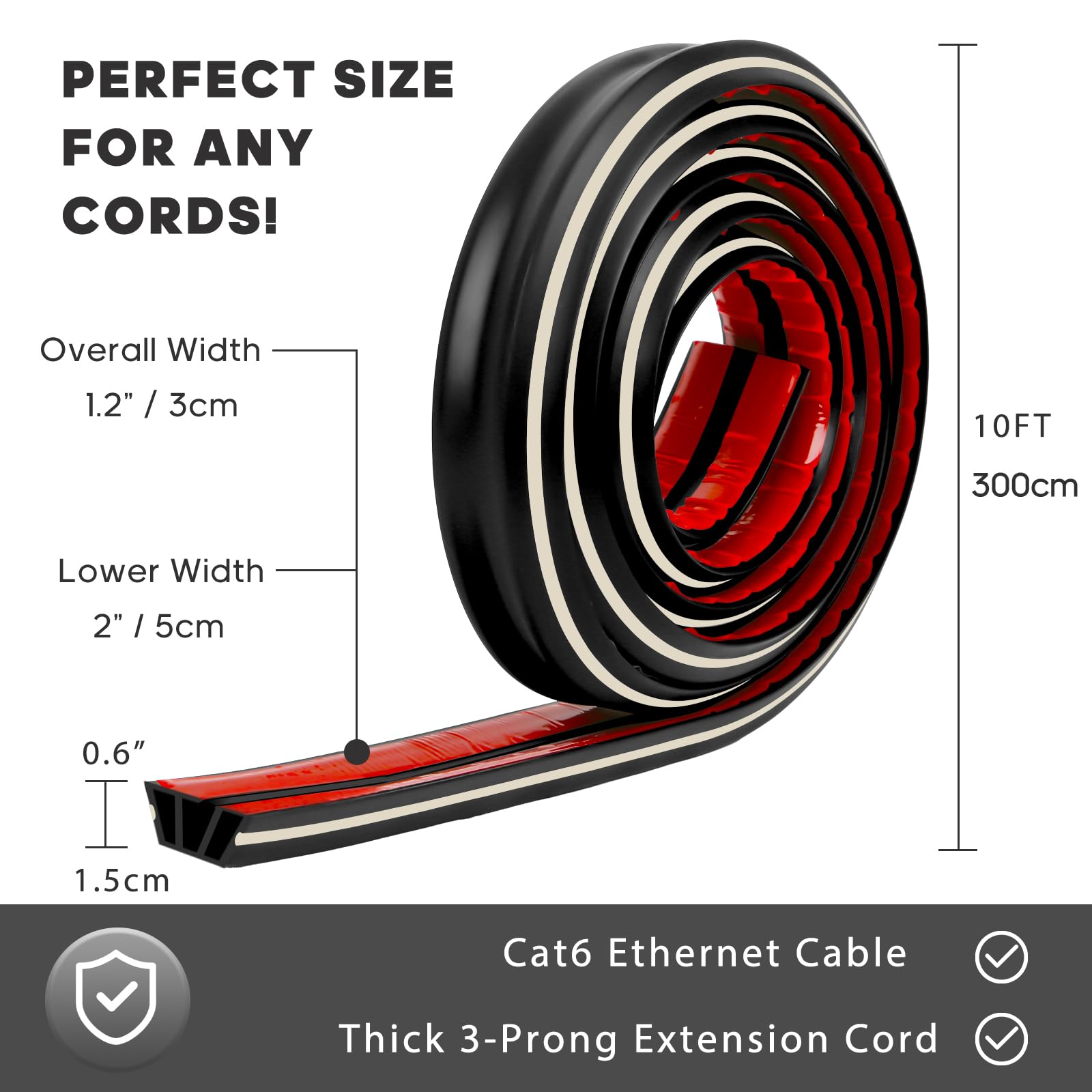 10Ft Black Floor Cord Cover, Self 2'' (W) X 0.6''(H), 3 Cord Channels, Adhesive Power Cable Protector, Silicone Cord Protector,