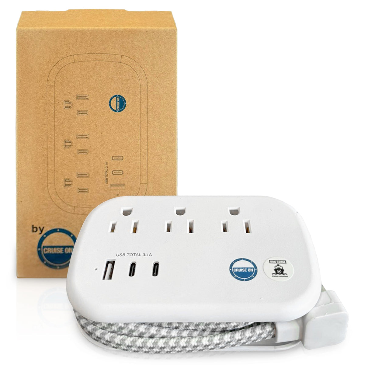 Cruise Approved Power Strip Non Surge Protector - 3.3 Ft Wrapped Travel Extension Cord Usb Ports [2 Usb-C, 1 Usb, 3 Ac] Cruise S