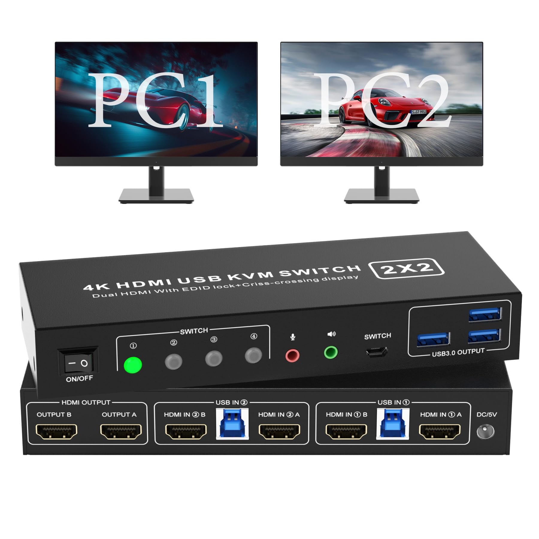 Dual Monitor Kvm Switch Hdmi 2 Port 4K60Hz Edid Emulator, Kvm Switcher For 2 Computers 2 Monitors With Audio Output And 3 Usb 3.