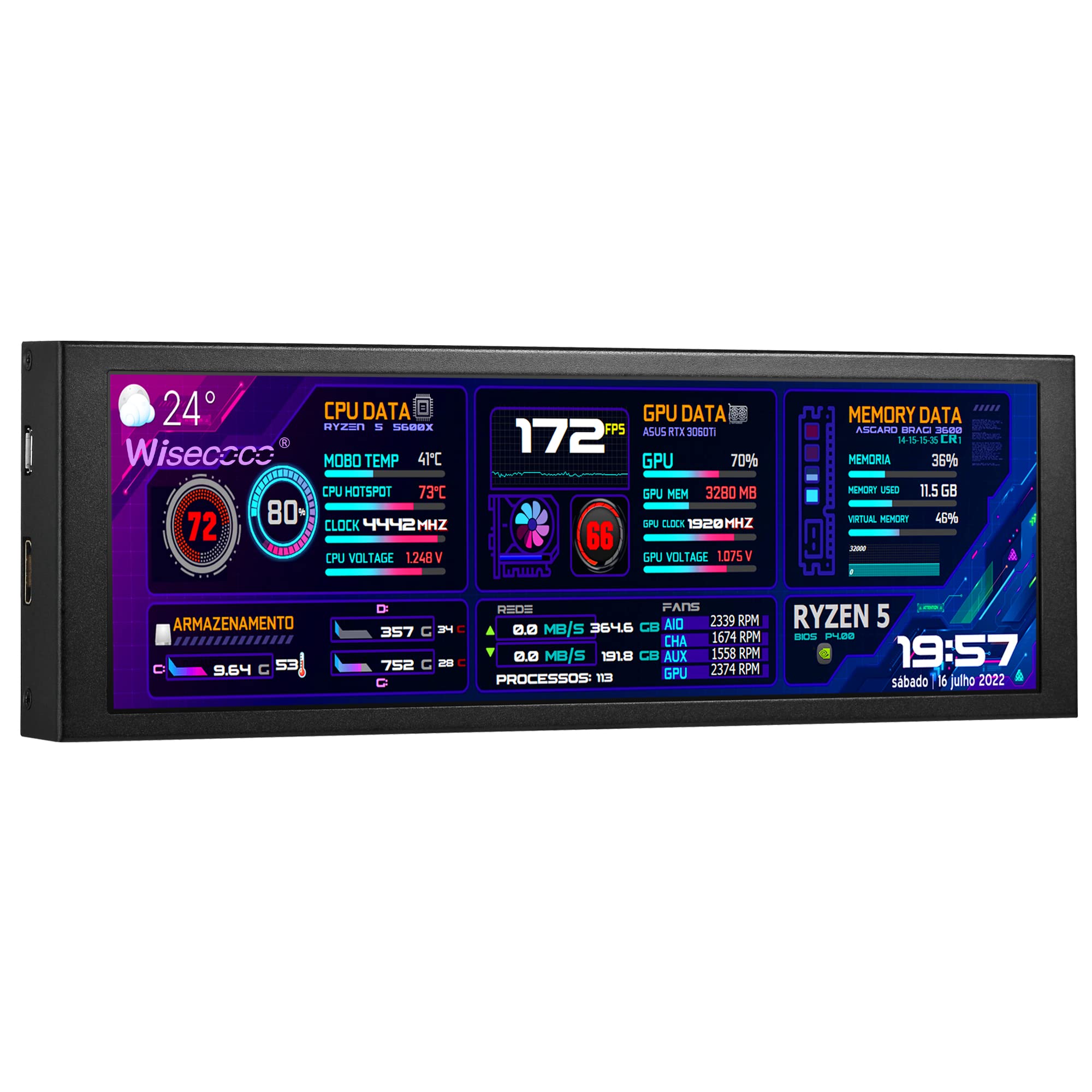 Wisecoco 7.84 Inch Mini Monitor Hd Ips 1280X400 Secondary Screen Stretched Bar Lcd Display With Casing For Laptop Computer Speed