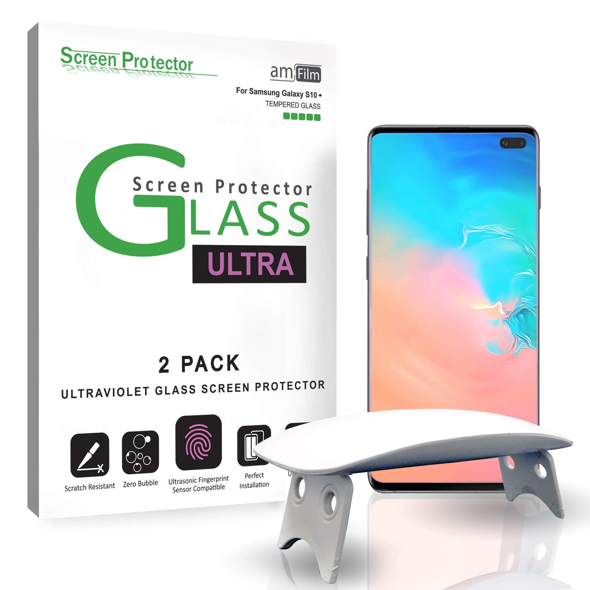 Amfilm Ultra Glass Screen Protector For Galaxy S10 Plus, Tempered Glass, 2 Pack