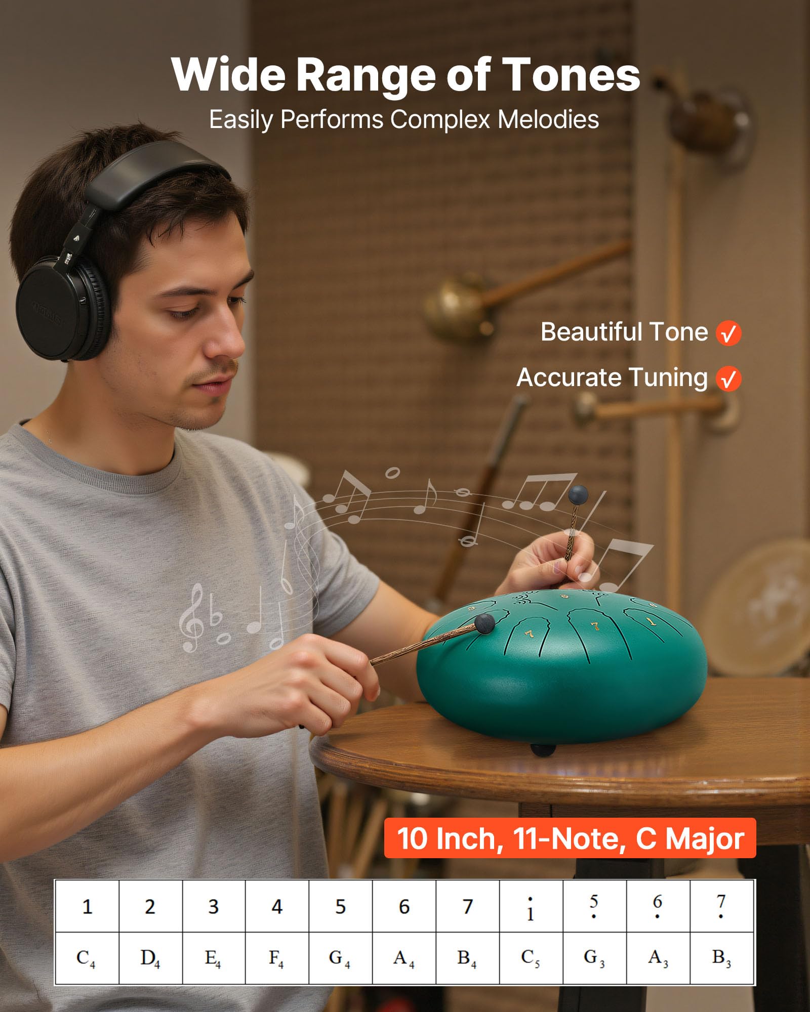 Vevor Steel Tongue Drum, 10 In 11 Notes Rain Drum For Outside Garden, C Major Musical Drums With Music Book & Mallets, Percussio