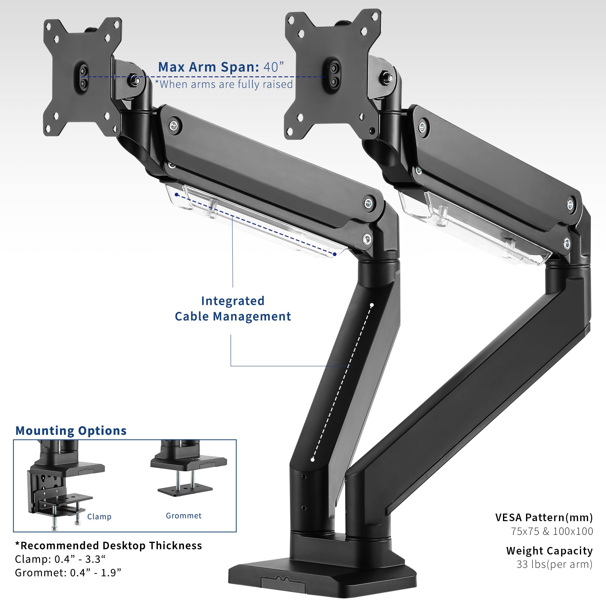 VIVO Premium Aluminum Heavy Duty Arms, Fits 2 Ultrawide Monitors up to 38 inches, Widescreen Dual Monitor Desk Mount with Instant Pneumatic Spring Height Adjustment VESA Stand, STAND V102G2