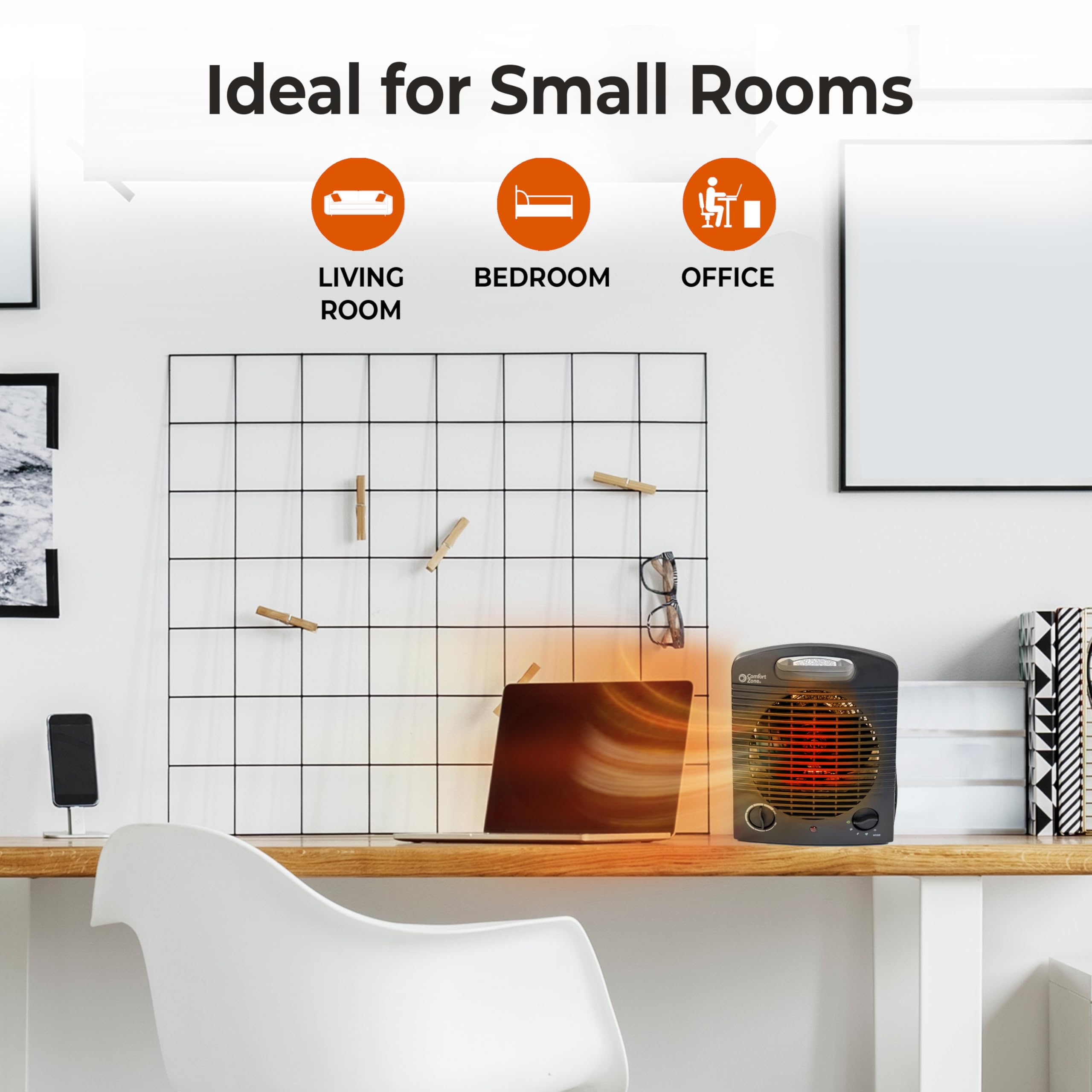 Comfort Zone Indoor Space Heater, Portable, Fan Forced, Electric, Adjustable Thermostat, Overheat Sensor, Safety Tip Over Switch