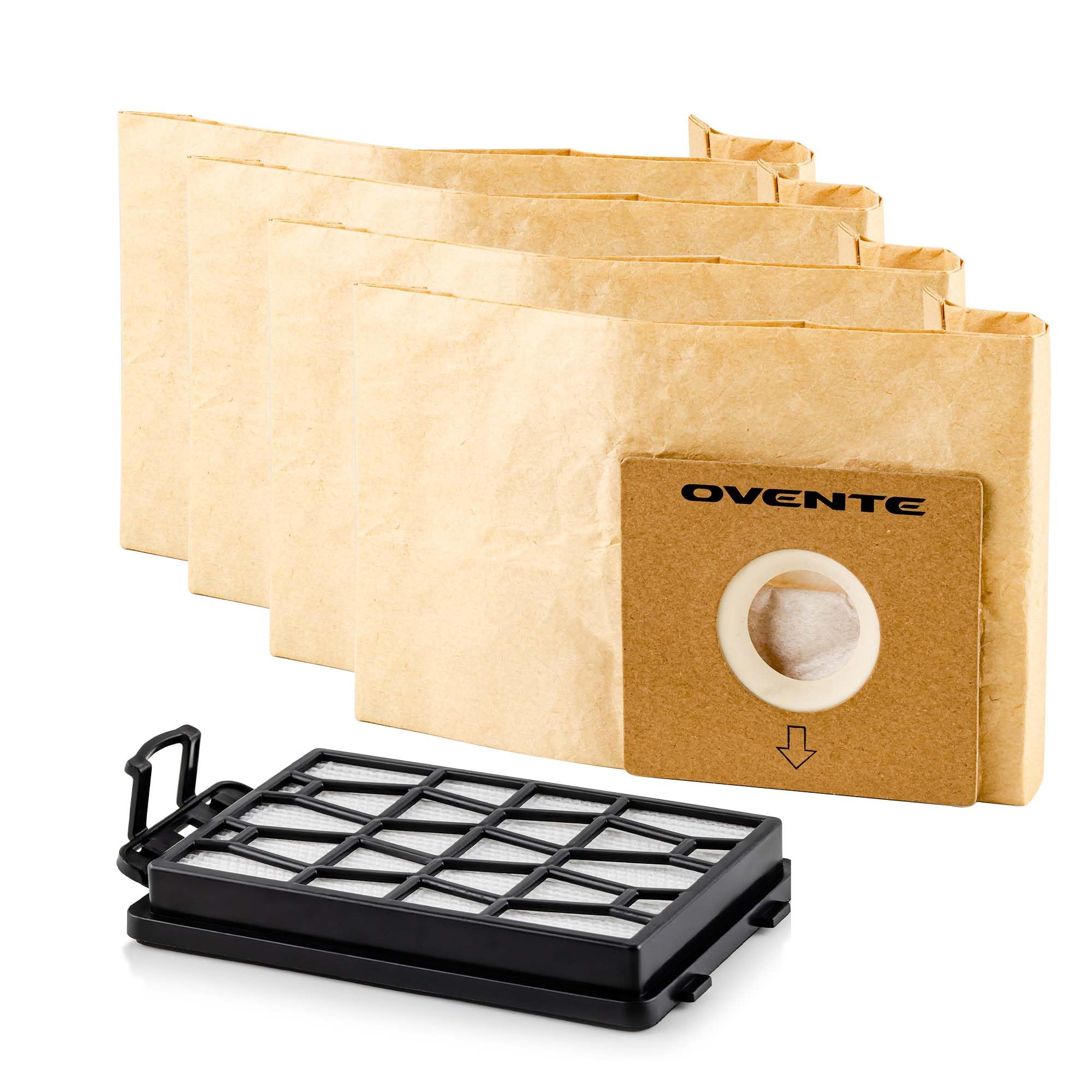Ovente Replacement Dust Bags + 1 Replacement Filter For St1600B, Disposable Cleaning Bag (Pack Of 4) Compatible With Zing Canister Vacuum Series, Perfect Bundle Set For Efficient Cleanup, Acpst16041