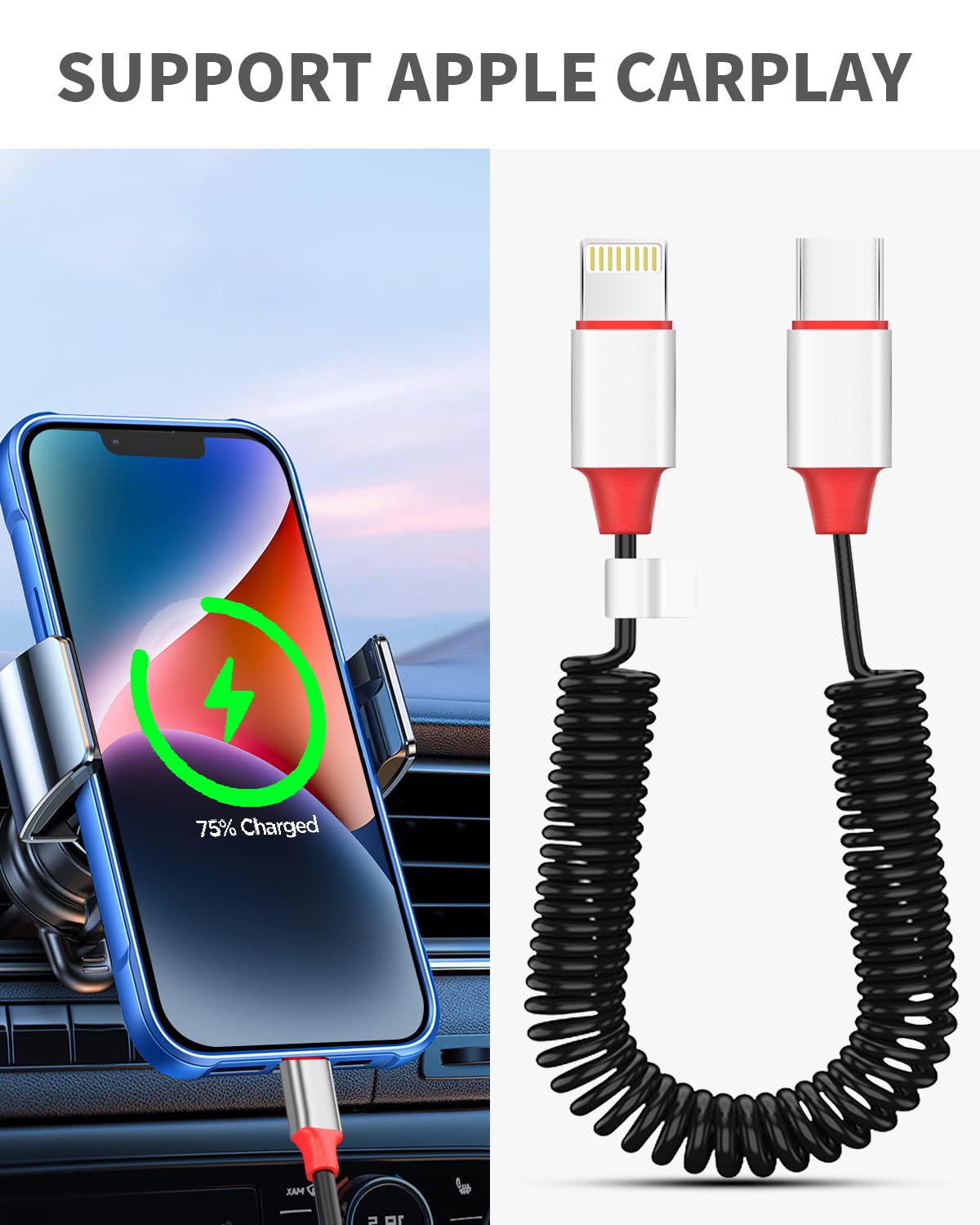 AICase Coiled USB C to Lightning Cable for Apple CarPlay,Expansion Spring Coiled Cable,PD Type C Scalable Charging Cable for iPhone 14/13/13 Pro 12 Pro Max 12 11 X XS XR 8 Plus,AirPods Pro