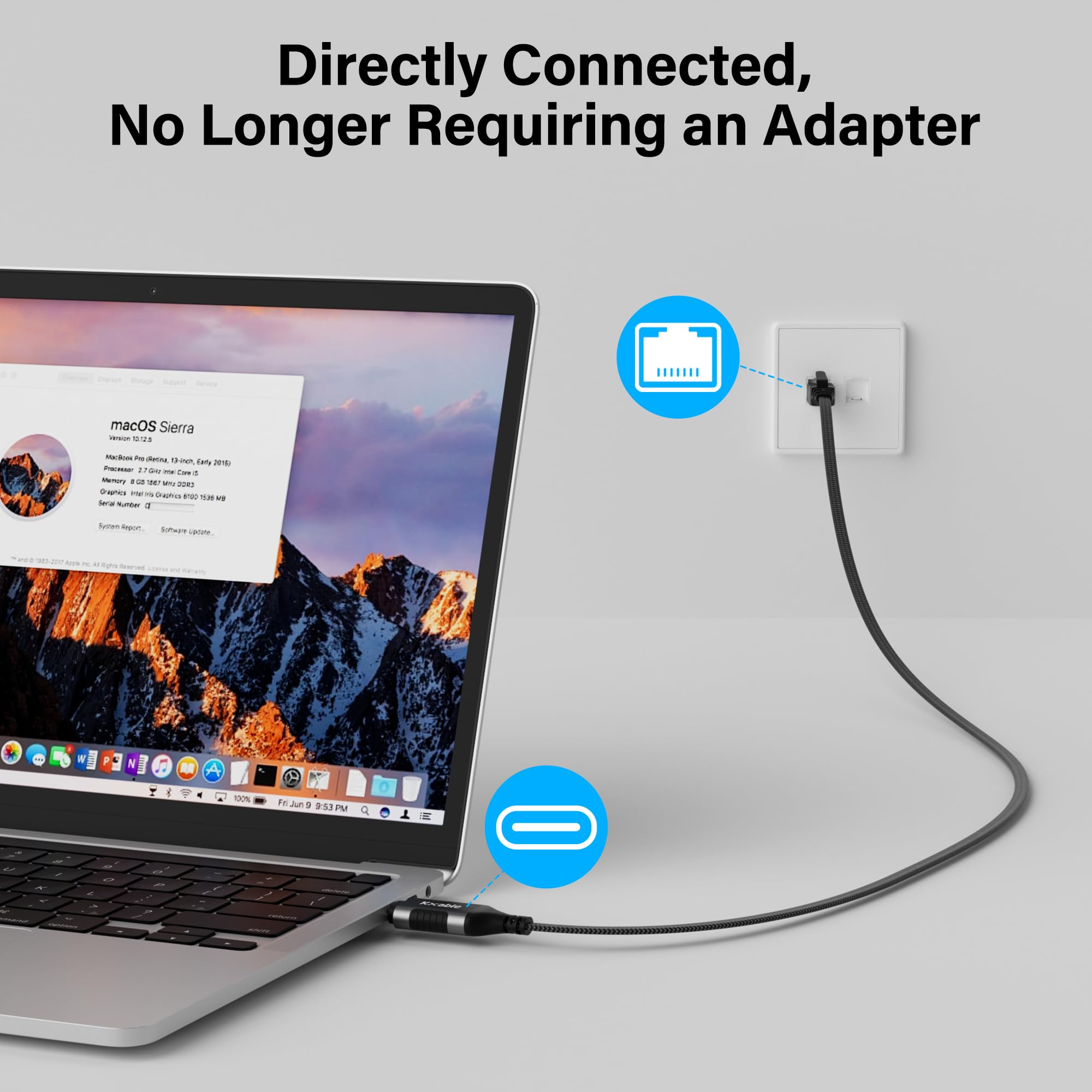 Flat Usb C To Ethernet Cable 10 Ft, Snagless Rj45 To Usb Type C Cord, Directly Connected, Gigabit Lan Network, Ofc, For Macbook