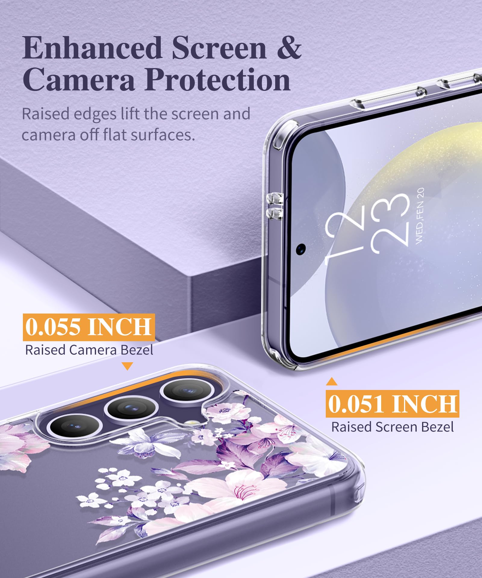 Gviewin For Samsung Galaxy S24 Plus Case With Screen Protector+Camera Lens Protector, Clear Stylish Floral Pattern Slim Protecti