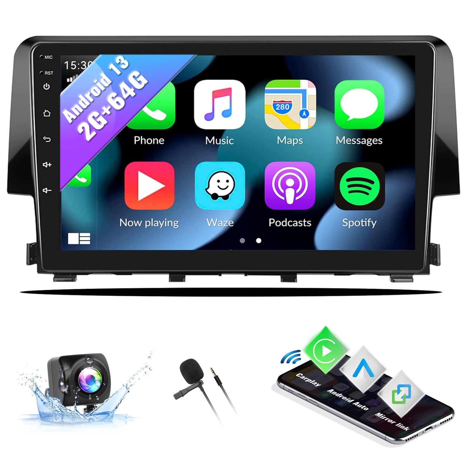 Android 13 Car Stereo Radio For Honda Civic 2016 2017 2018 2019 2020 With Wireless Carplay Android Auto Mirror Link 2G+64G With 