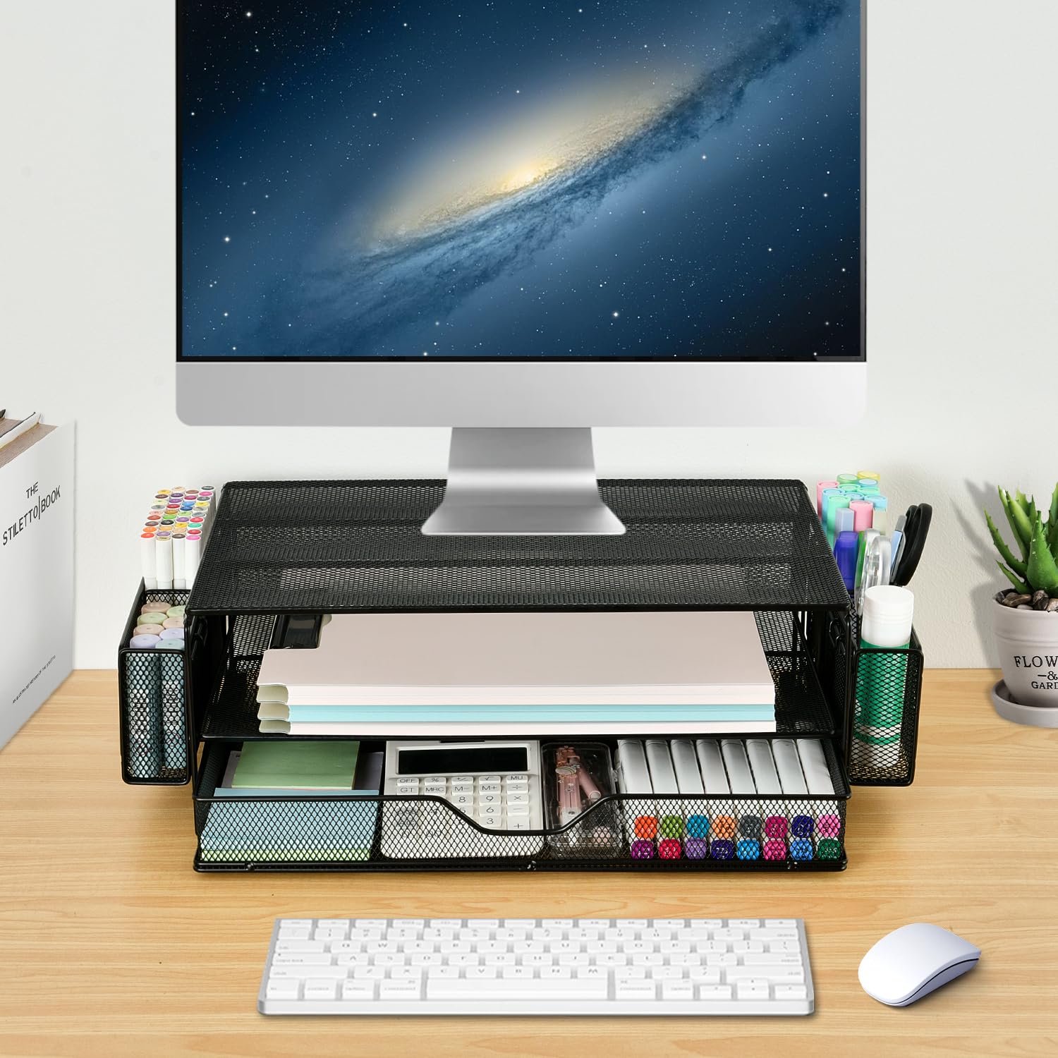 AUPSEN 2 Tier Metal Monitor Stand with Drawer & Pencil Holders, Black - AU-2Tier-Black, Desk Organizer for Laptop & Printer