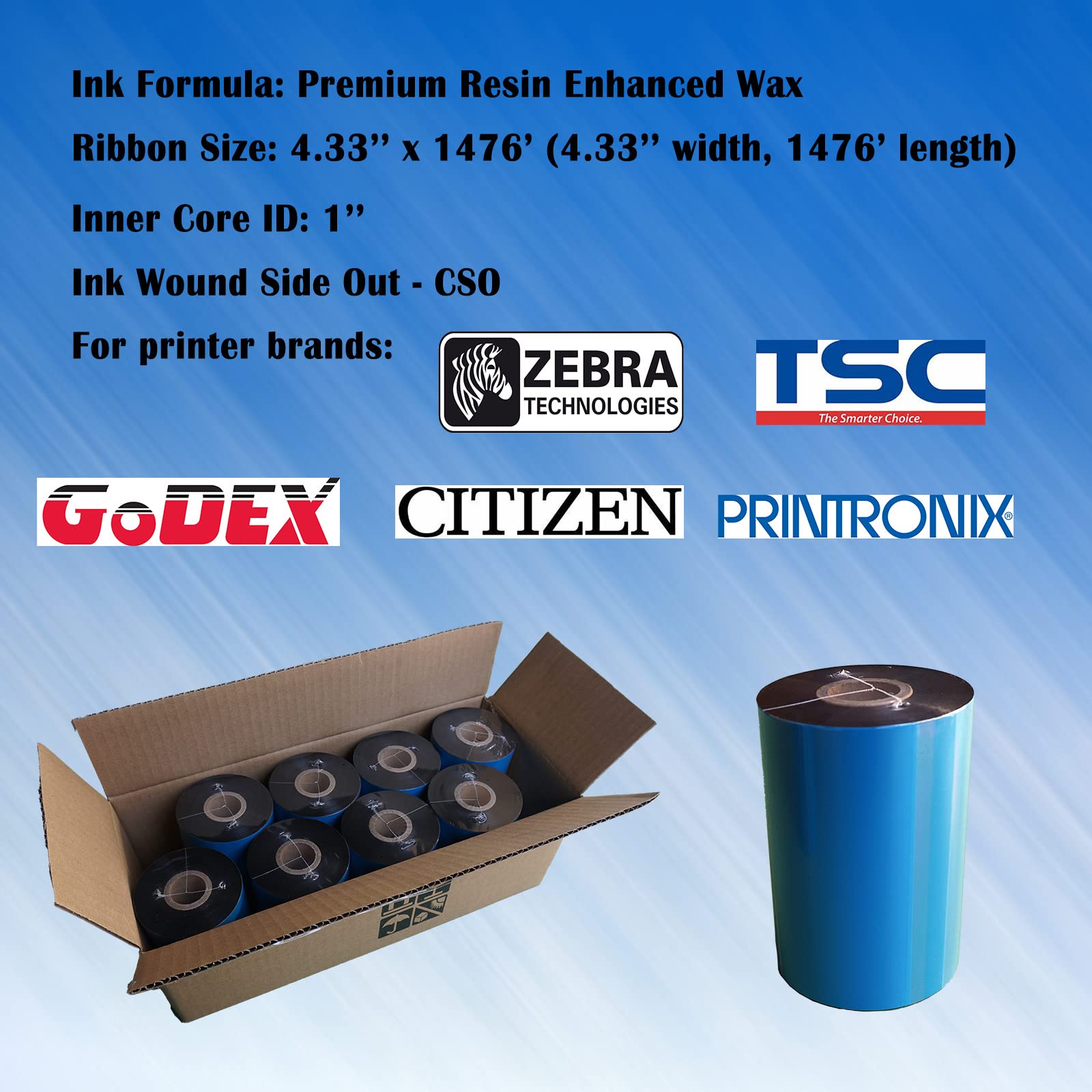 8 Rolls 4.33'' X 1476' Premium Resin Enhanced Wax Ribbon, 110Mm X 450M Black Thermal Transfer Ribbon, Barcode Thermal Label Prin