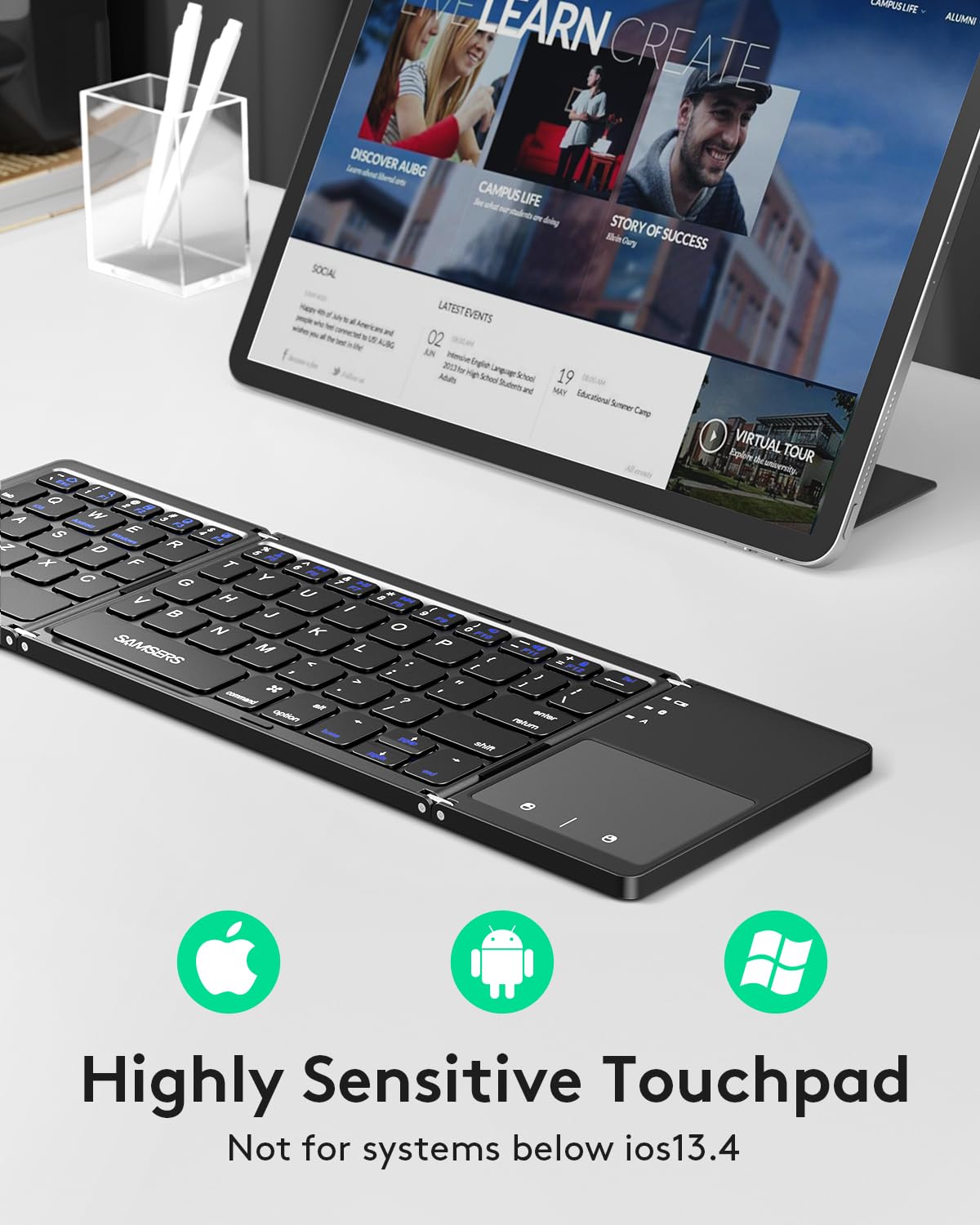 Samsers Foldable Bluetooth Keyboard With Touchpad   Portable Wireless Keyboard With Holder, Rechargeable Full Size Ultra Slim Po
