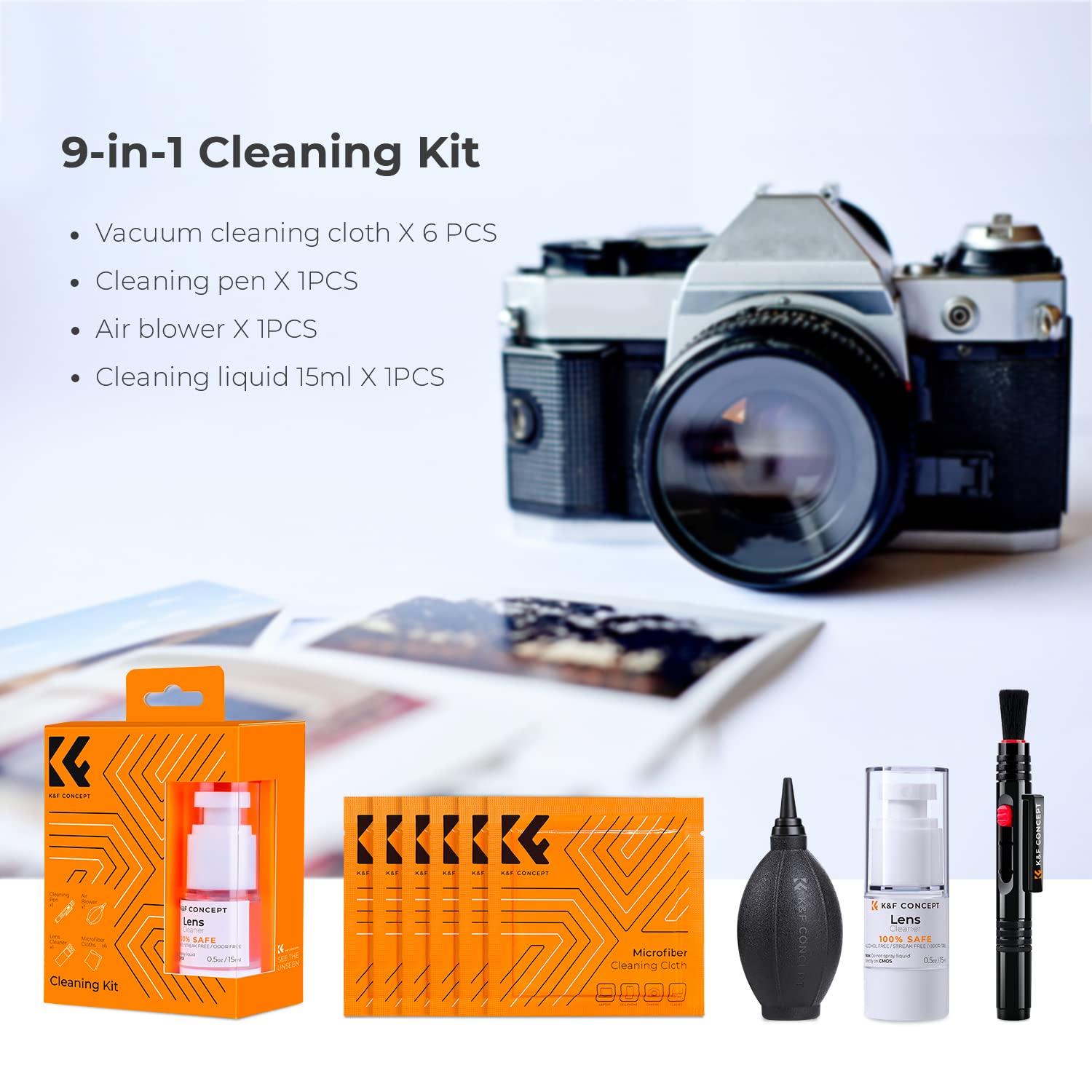 K&F Concept 9 In 1 Camera Lens Cleaning Kit For Dslr Camera Lens Filter Cell Phones With Air Blowing, Vacuum Cleaning Cloth*6, 1