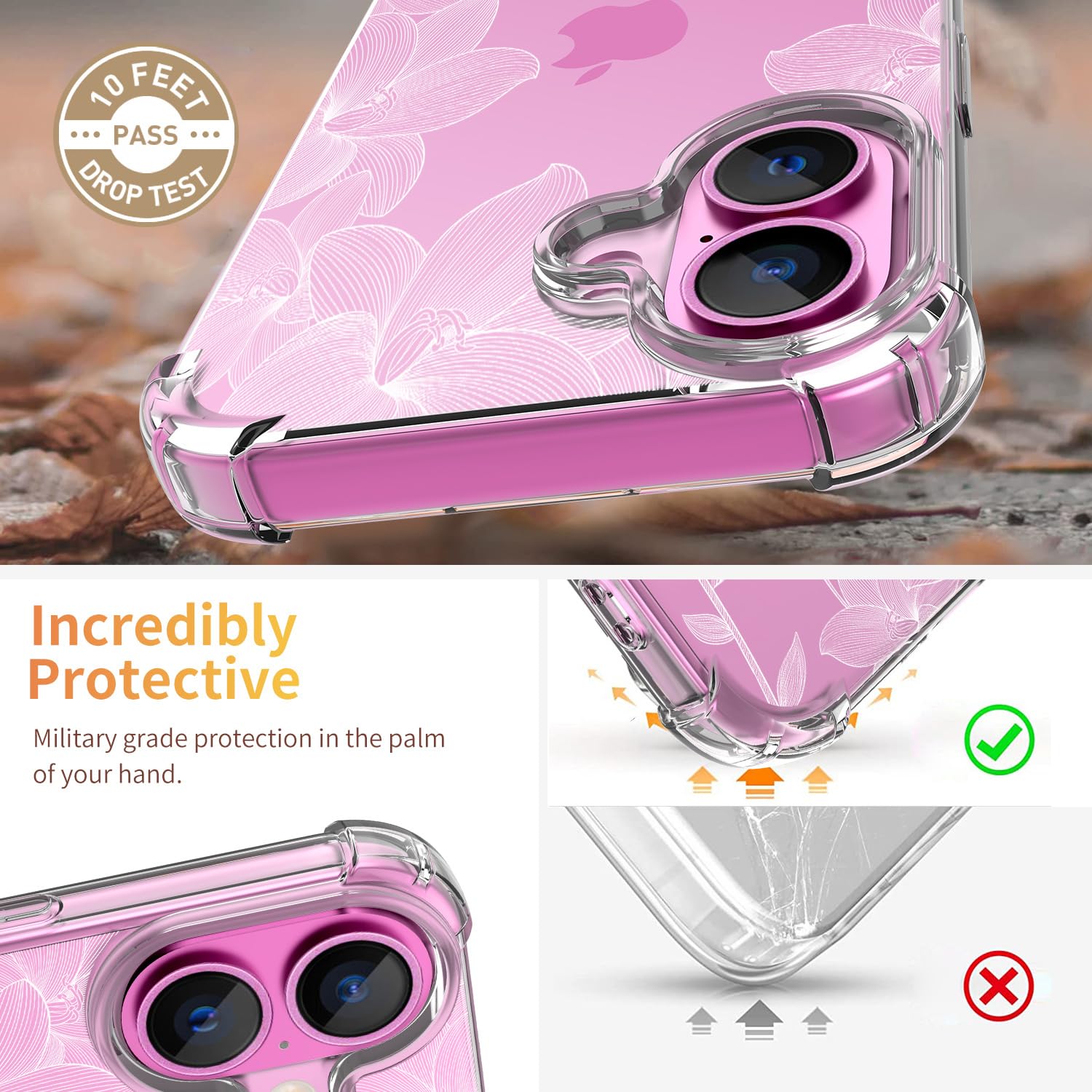 Ilnehc For Iphone 16 Case,[3 In 1] With Screen Protector & Camera Lens Protector, Flower Pattern Design,Clear Soft Shockproof Sl