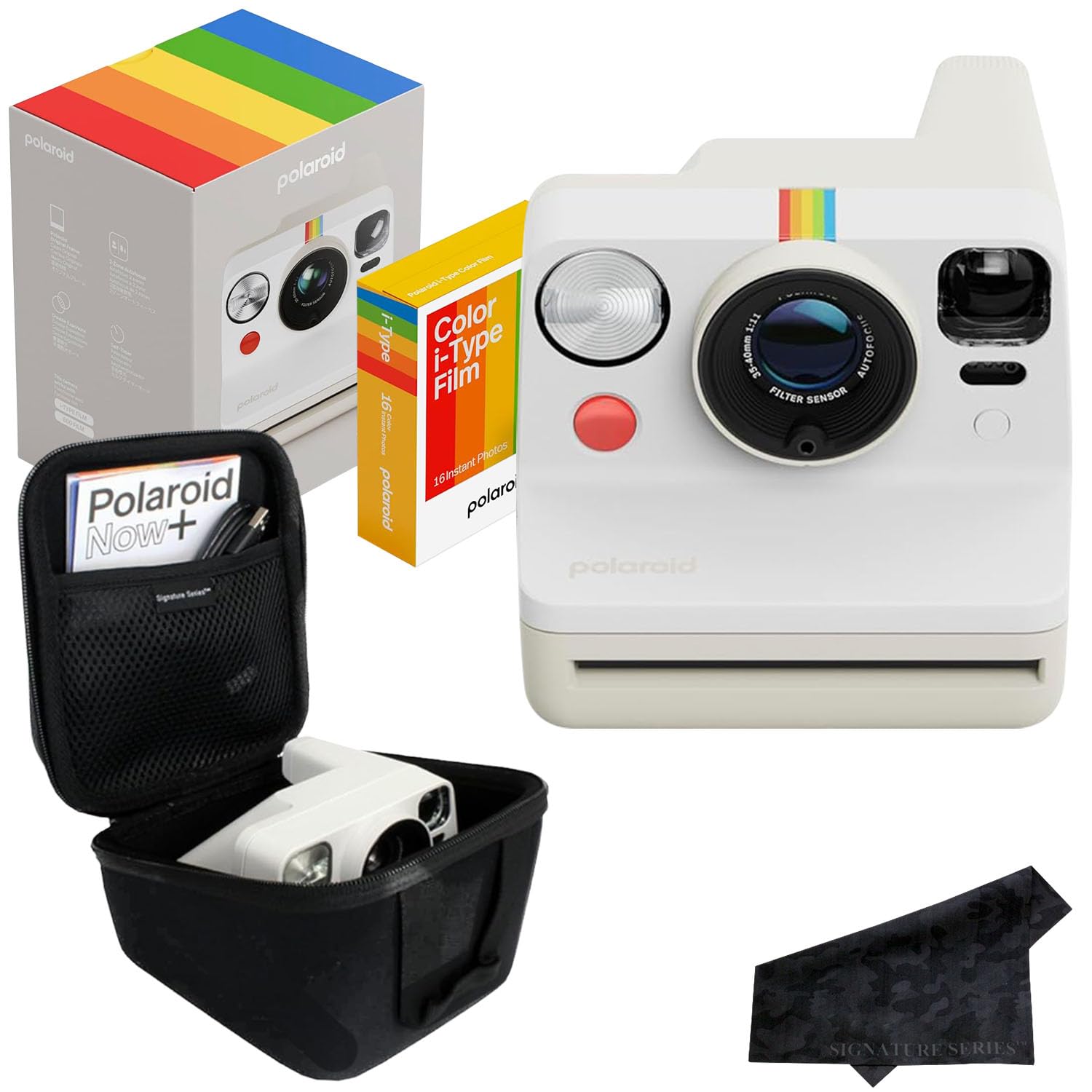 Polaroid Now 3rd Generation i-Type Instant Film Camera with 16 Color Film Photos, Pebble White, with Signature Series Case Bundl
