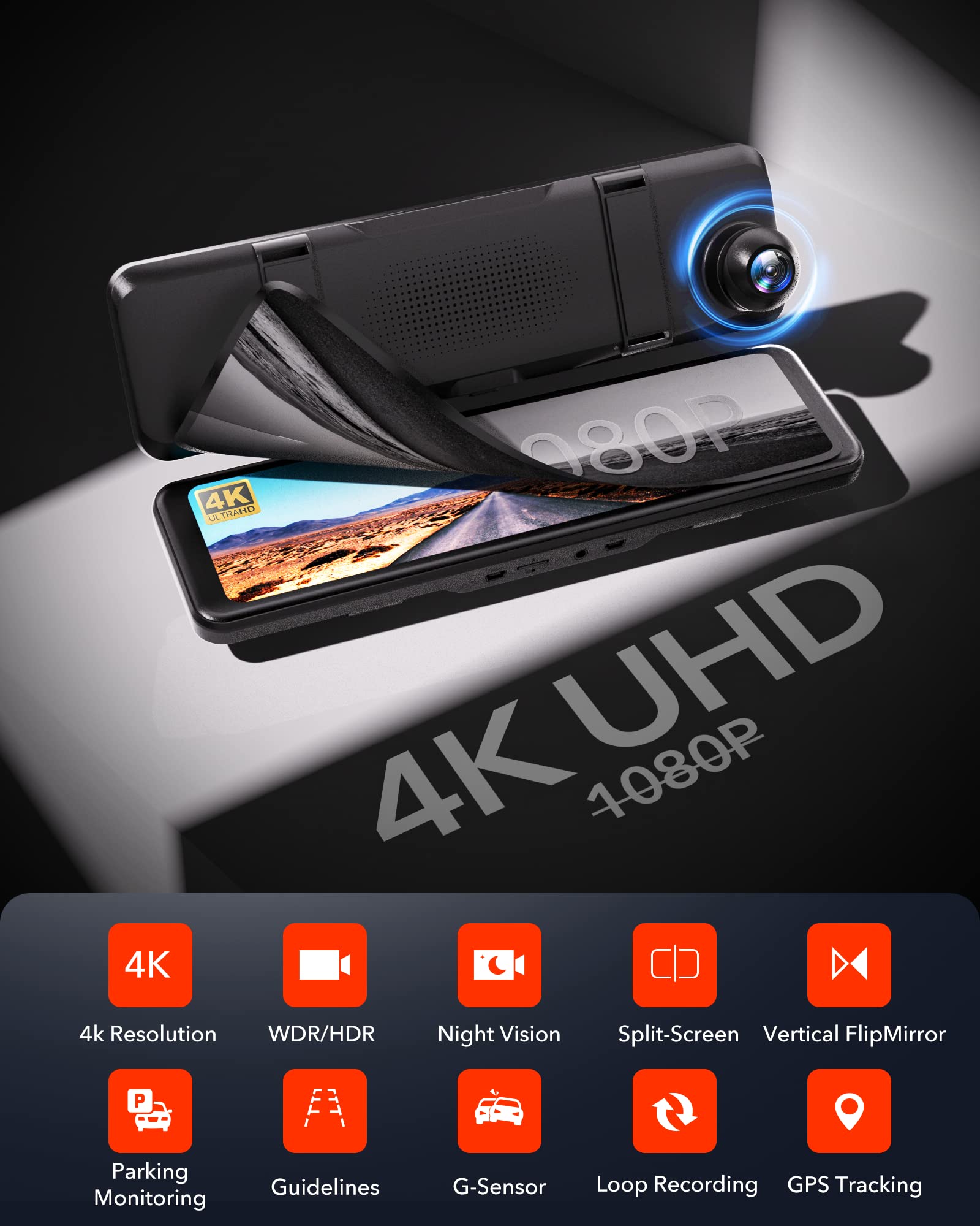 Redtiger T700 Rear View Mirror Camera 11'' 4K Uhd Front And 1080P Mirror Dash Cam Front And Rear, Gps,Parking Monitor,Night Visi