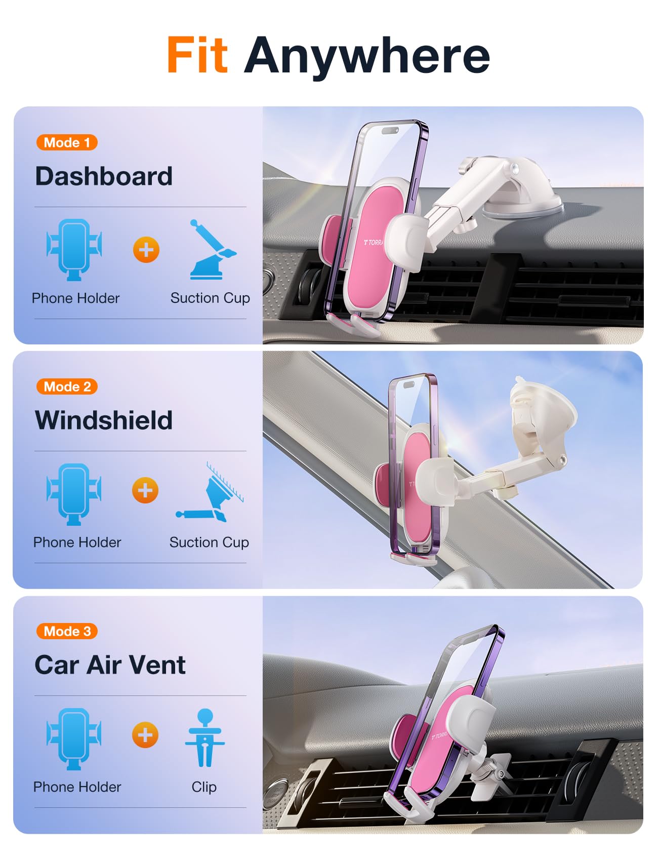 Torras?2 Pack Phone Holders For Your Car, Phone Mount For Dashboard/Vent/Windshield,?Snug-Hold Clamps? Cell Phone Holder Car Mou