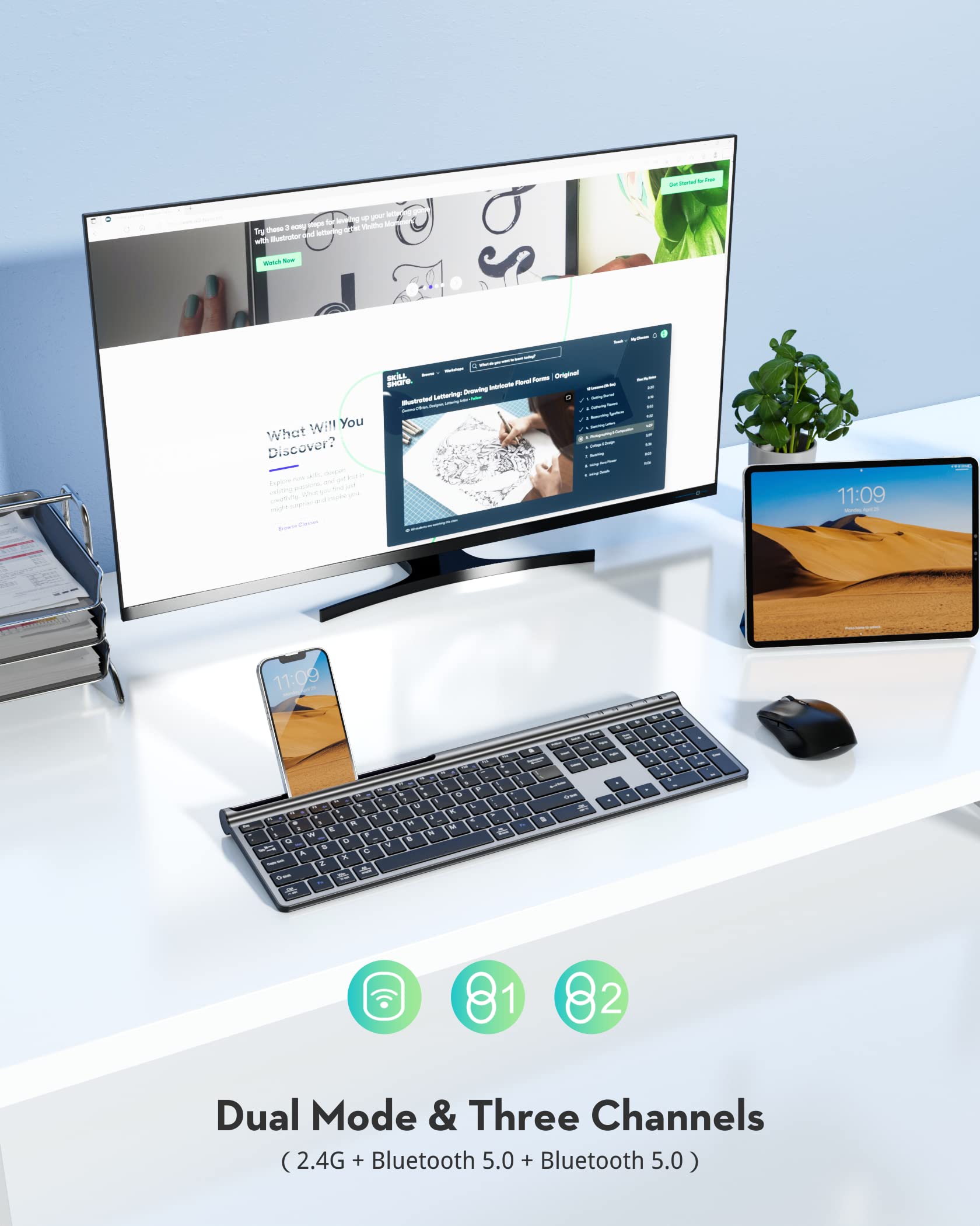 Wireless Keyboard And Mouse Combo, Samsers Ultra Slim Rechargeable Dual Mode (Bluetooth 5.0X2 +2.4G) Silent Keyboard And Mouse S