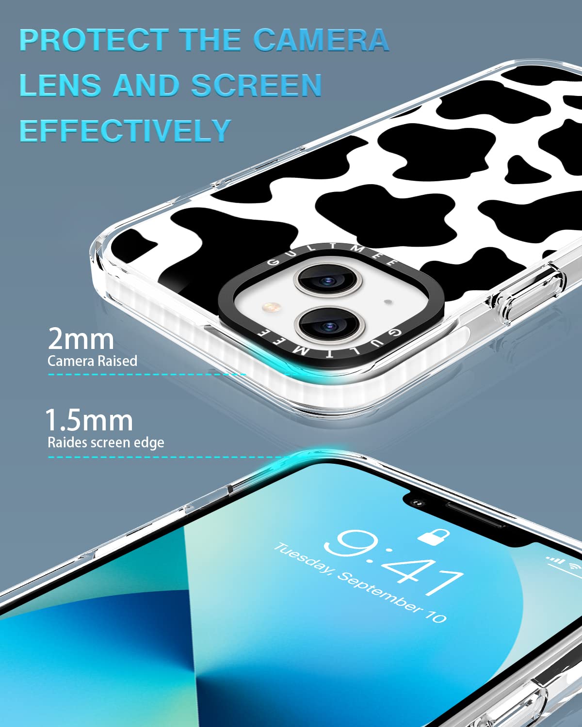 GULTMEE iPhone 13 Case 6.1 inch 3-in-1 Screen & Camera Protector Shockproof Cow Print Black White Slim