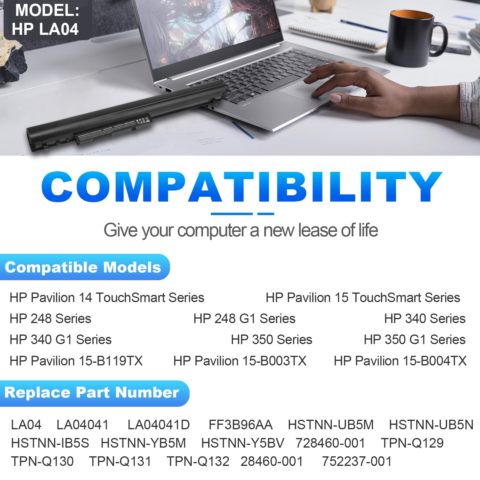 Tree.Nb Spare 776622 001 Hp Battery Replacement For La04 Battery Compatible With Hp Pavilion 14 15 248 G1 La04 728460 001 752237