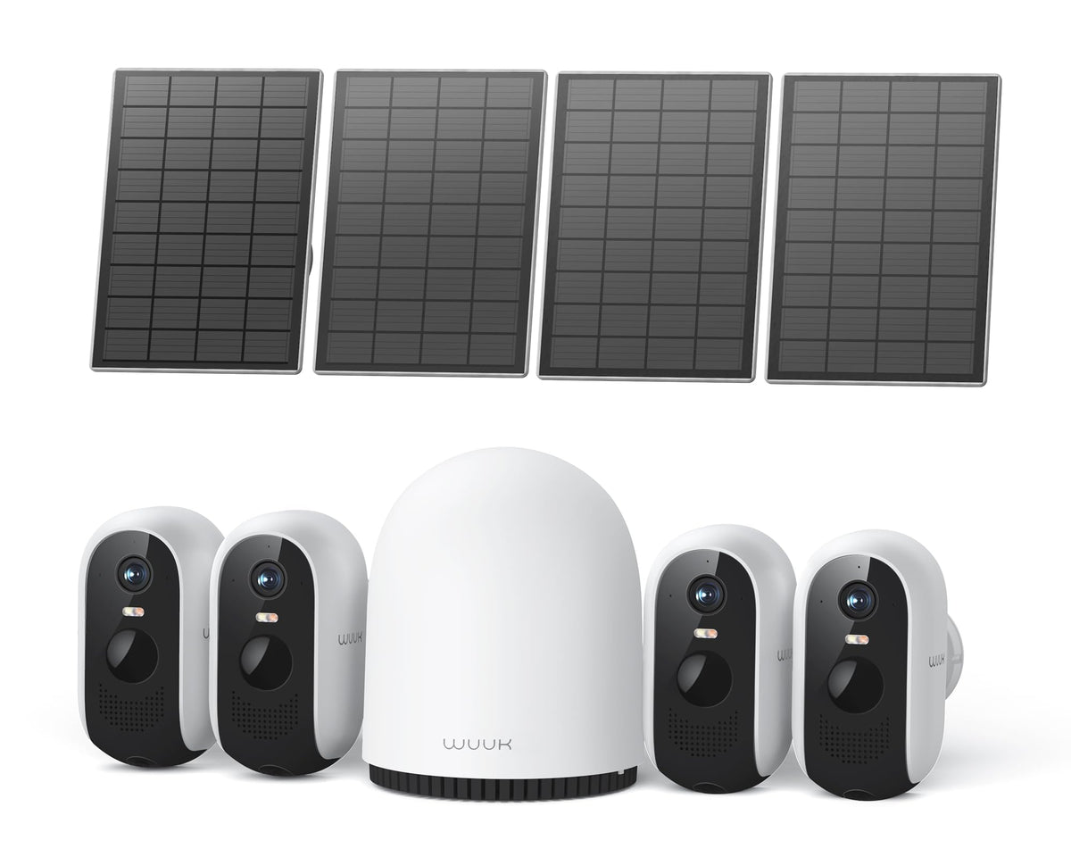 WUUK 2K Solar Security Cameras Wireless Outdoor, Home Security Camera Support Up to 8 Cams, 4 Cam-Kit, Forever Power, No Monthly