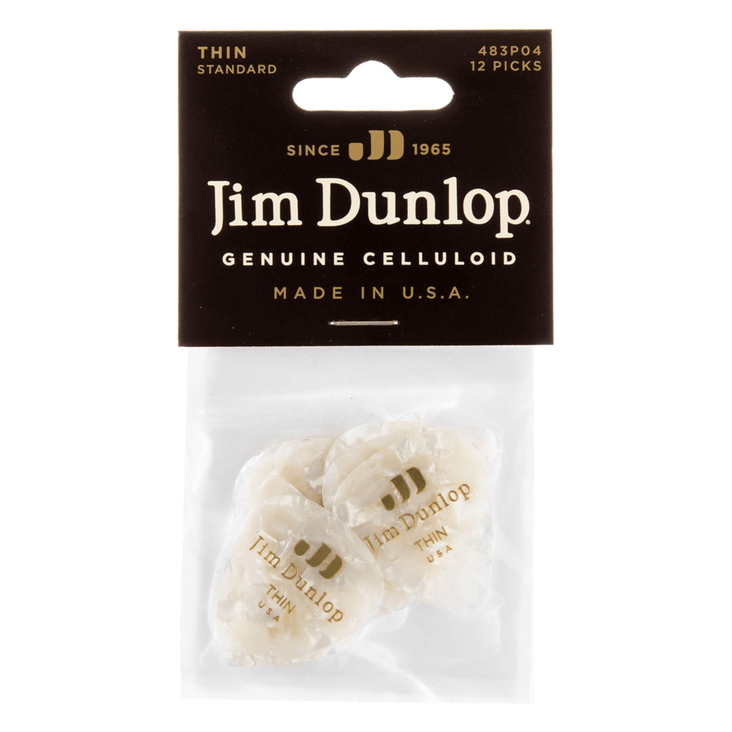 Dunlop 483P04TH Genuine Celluloid, White Pearloid, Thin, 12/Players Pack