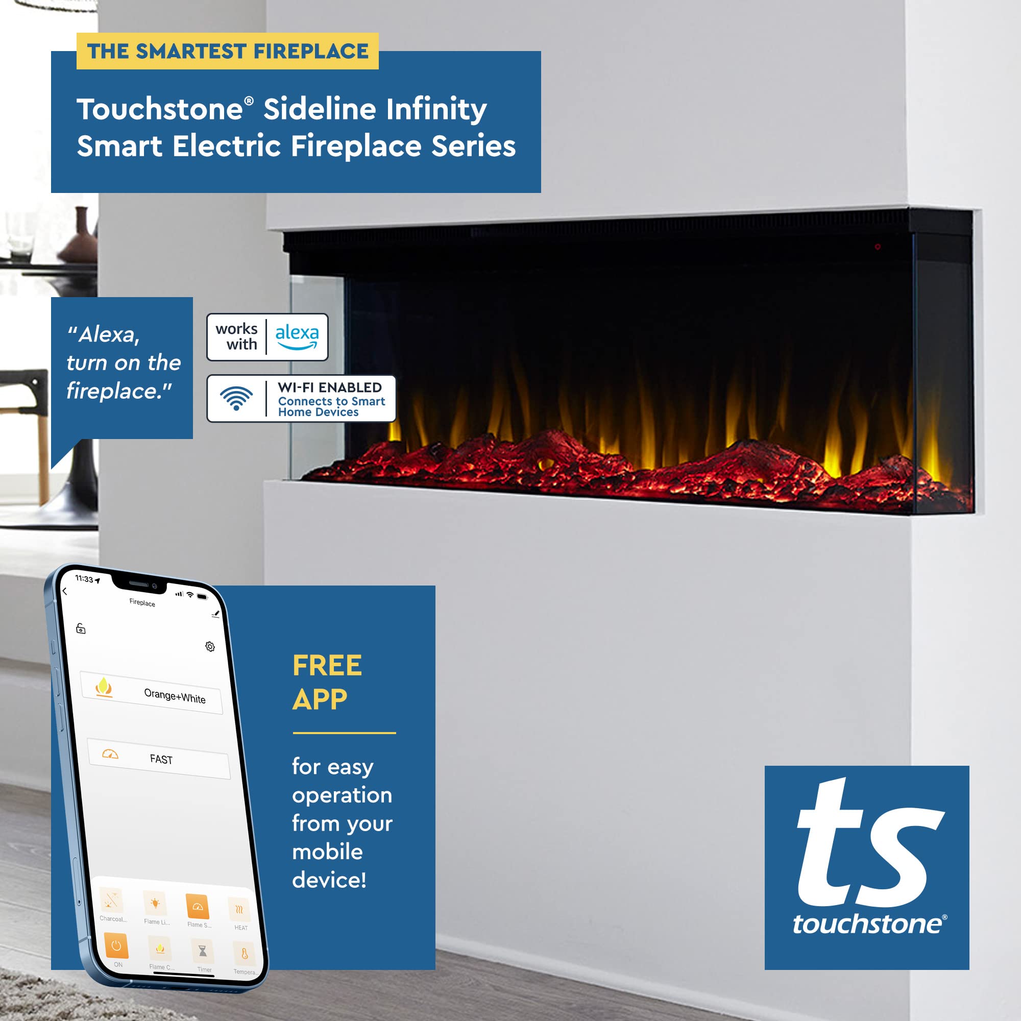 Touchstone Sideline Infinity 3 Sided Smart 60'' Wifi Enabled Electric Fireplace   80046   Built In   60 Color Combinations   1,5