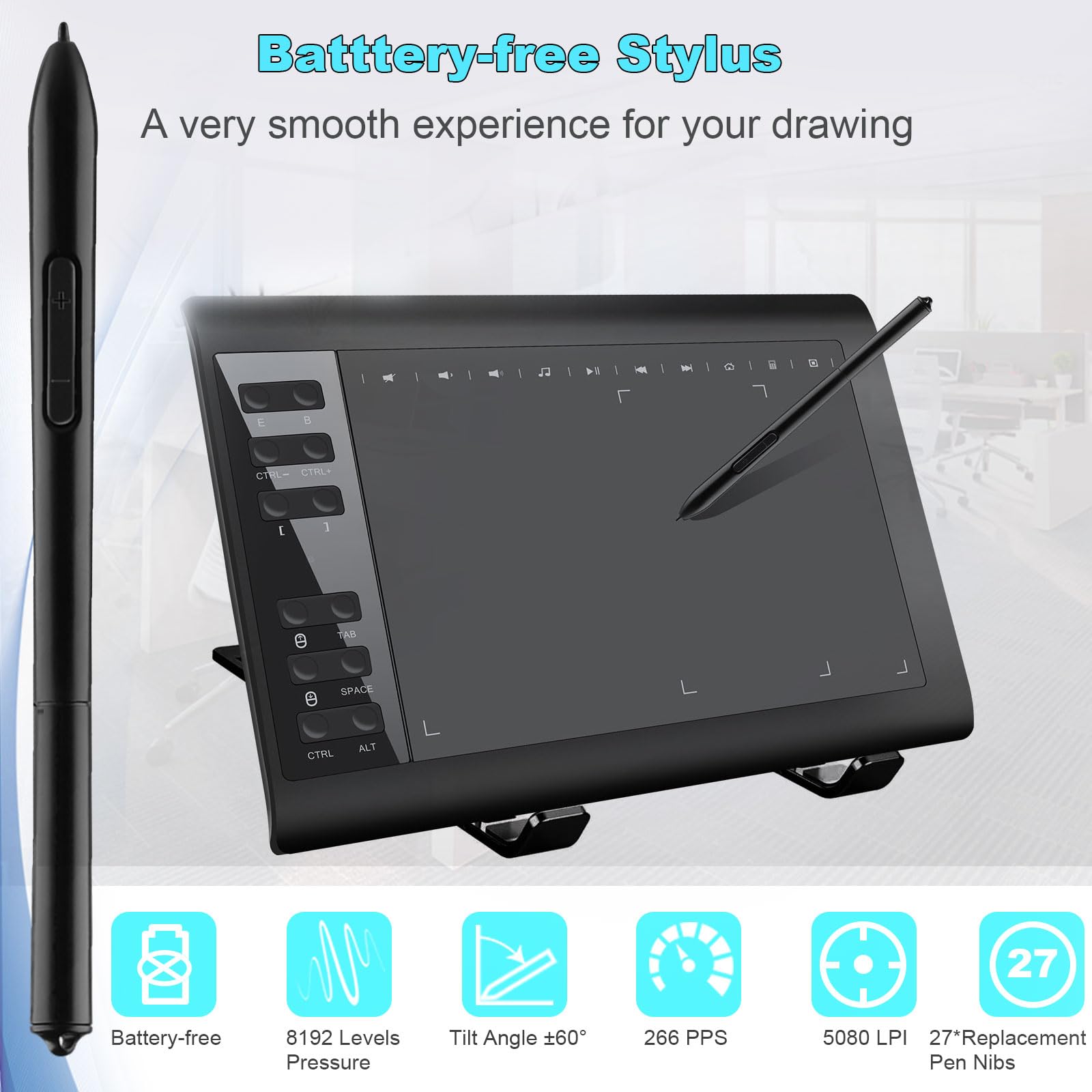 Graphics Drawing Tablet Terow,10X6 Inch Digital Drawing Tablet With Bracket And 8192 Levels Stylus For Pc/Mac/Android 5.0 For Drawing And Online Teaching,Drawing Pad Drawing Borard And Computer Tablet
