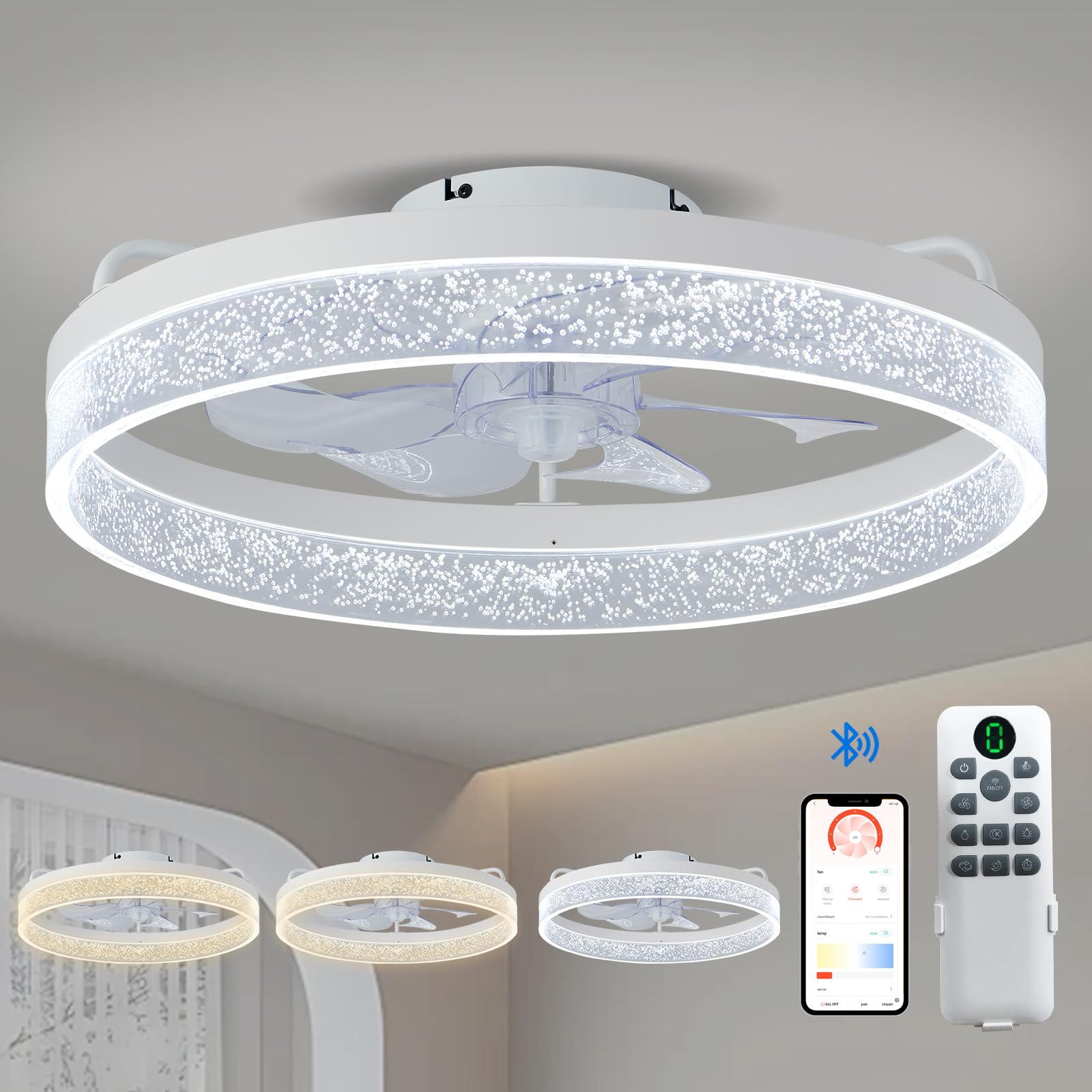 Lanmel Modern Ceiling Fans With Lights And Remote,20'' Low Profile Ceiling Fan With Light,7 Blades Flush Mount Ceiling Fan With