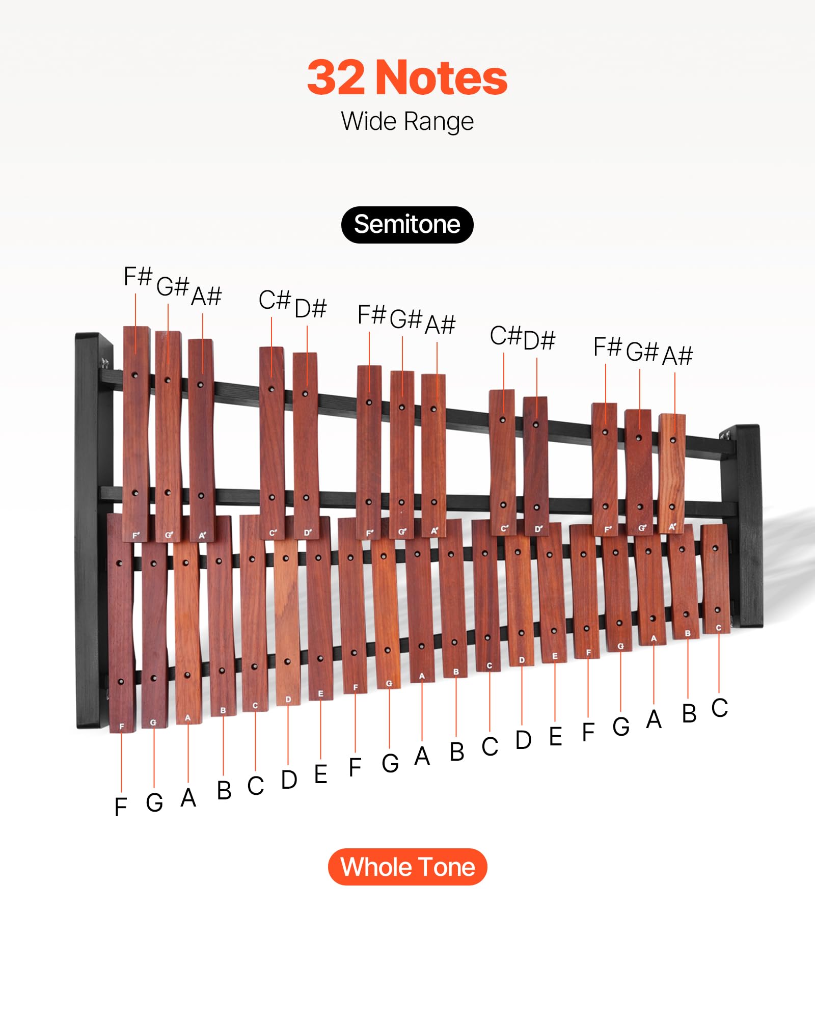 Vevor Glockenspiel Xylophone, 32 Notes, Wooden Professional Xylophone Percussion Instrument, With Height Adjustable Stand, 4 Mal