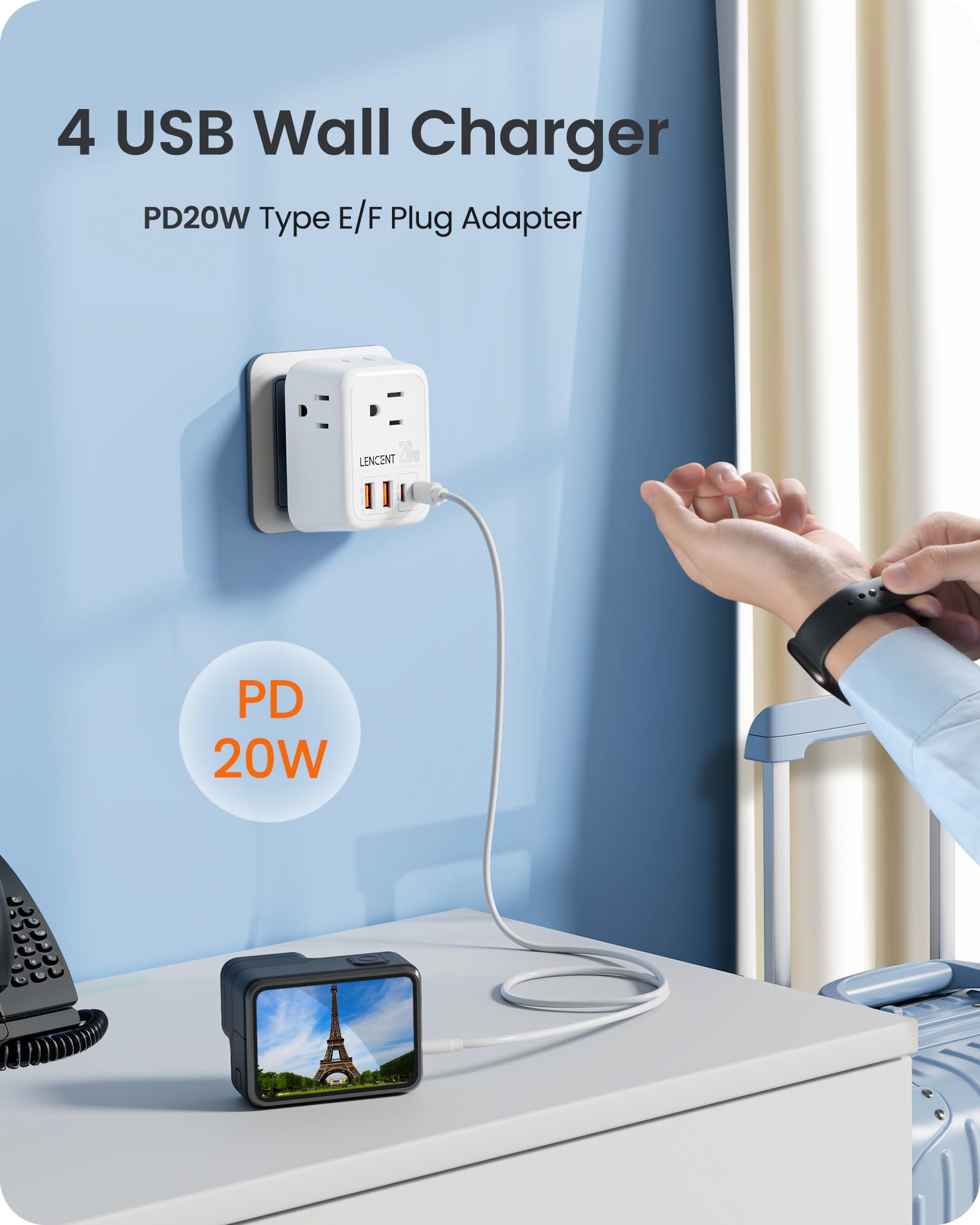 Lencent Germany France Travel Power Adapter, Pd 20W Usb C Fast Charger Adaptor, Schuko Type E F Plug Adapter With 4 Outlet, Esse