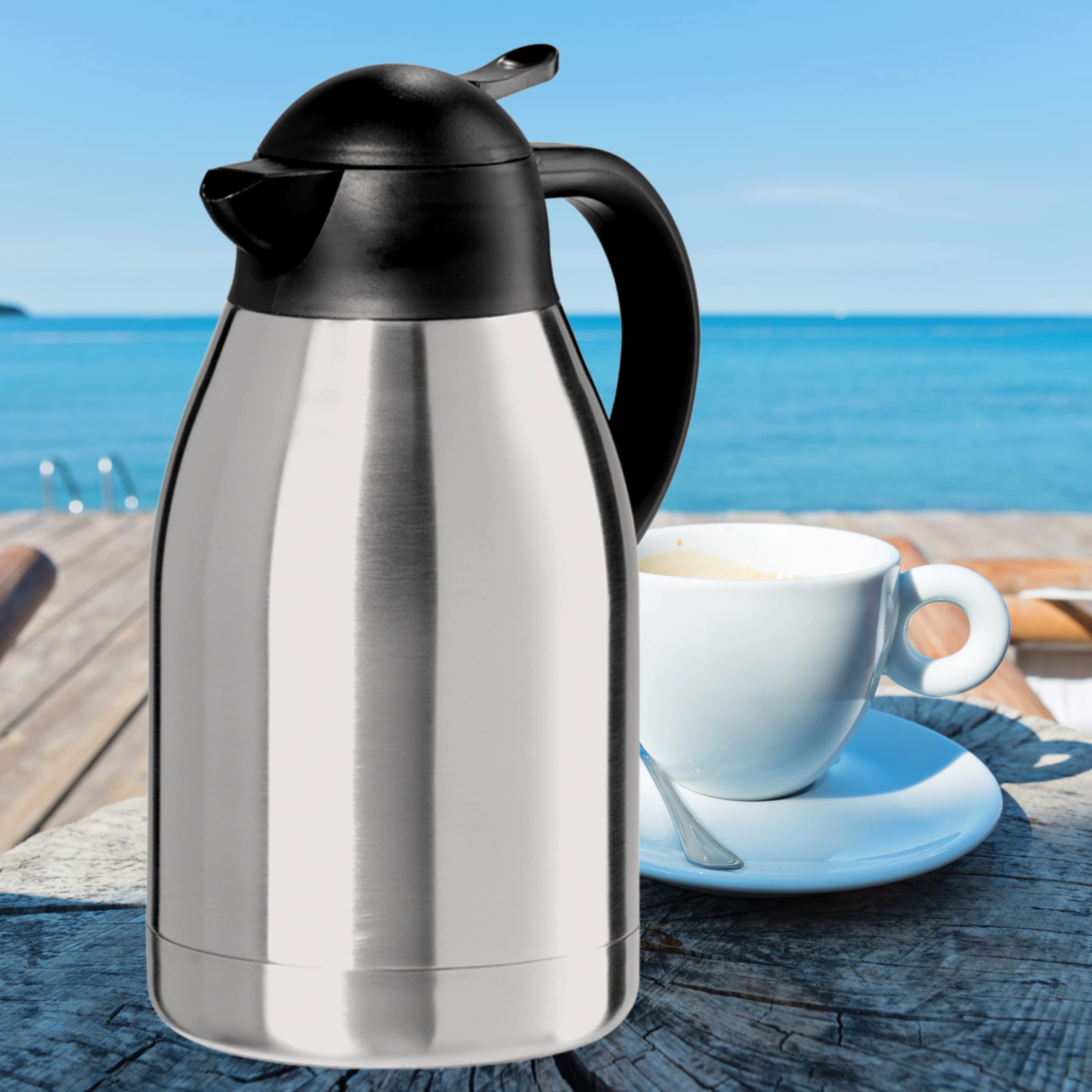 Oggi Catalina 68Oz Stainless Steel Thermal Coffee Carafe  Double Walled Vacuum Container W/Press Button Top, Insulated Coffee Carafe, Thermos Carafe, Coffee Urn, Hot Beverage Dispenser, 2 Liters