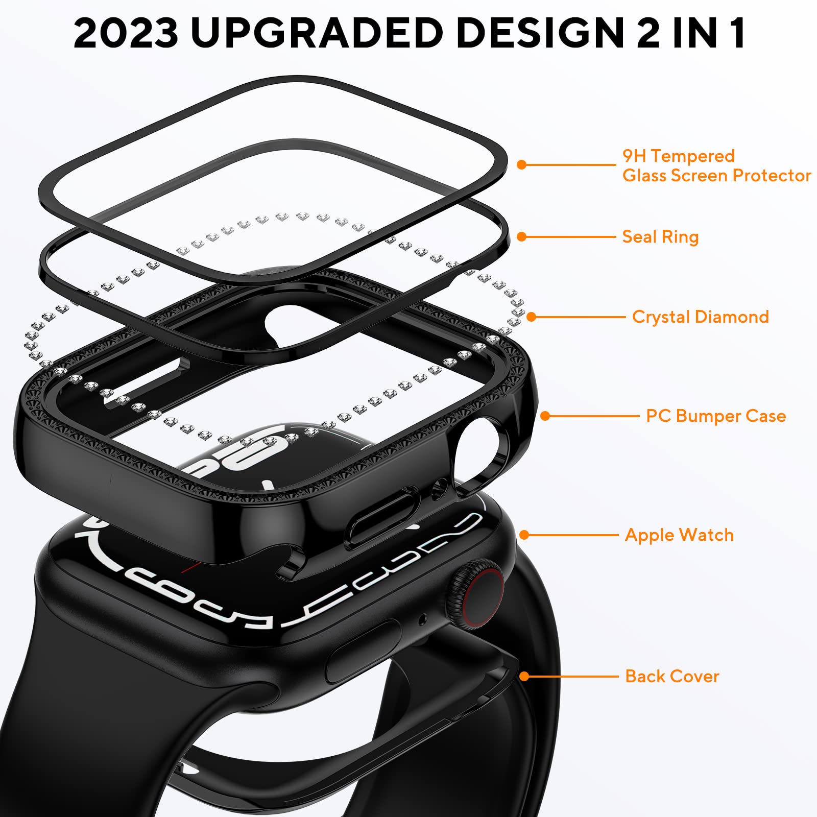 2 In 1 Bling Waterproof Case For Apple Watch Series 8 7 41Mm, 360 Protective Pc Cover Front & Back Bumper With Tempered Glass Sc