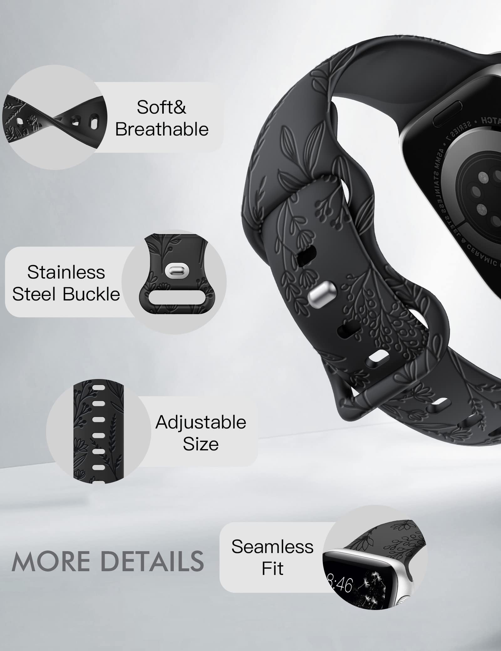 Minyee 6 Pack Floral Engraved Bands Compatible With Apple Watch Band 44Mm 40Mm 41Mm 45Mm 38Mm 42Mm 49M Women,Cute Soft Silicone