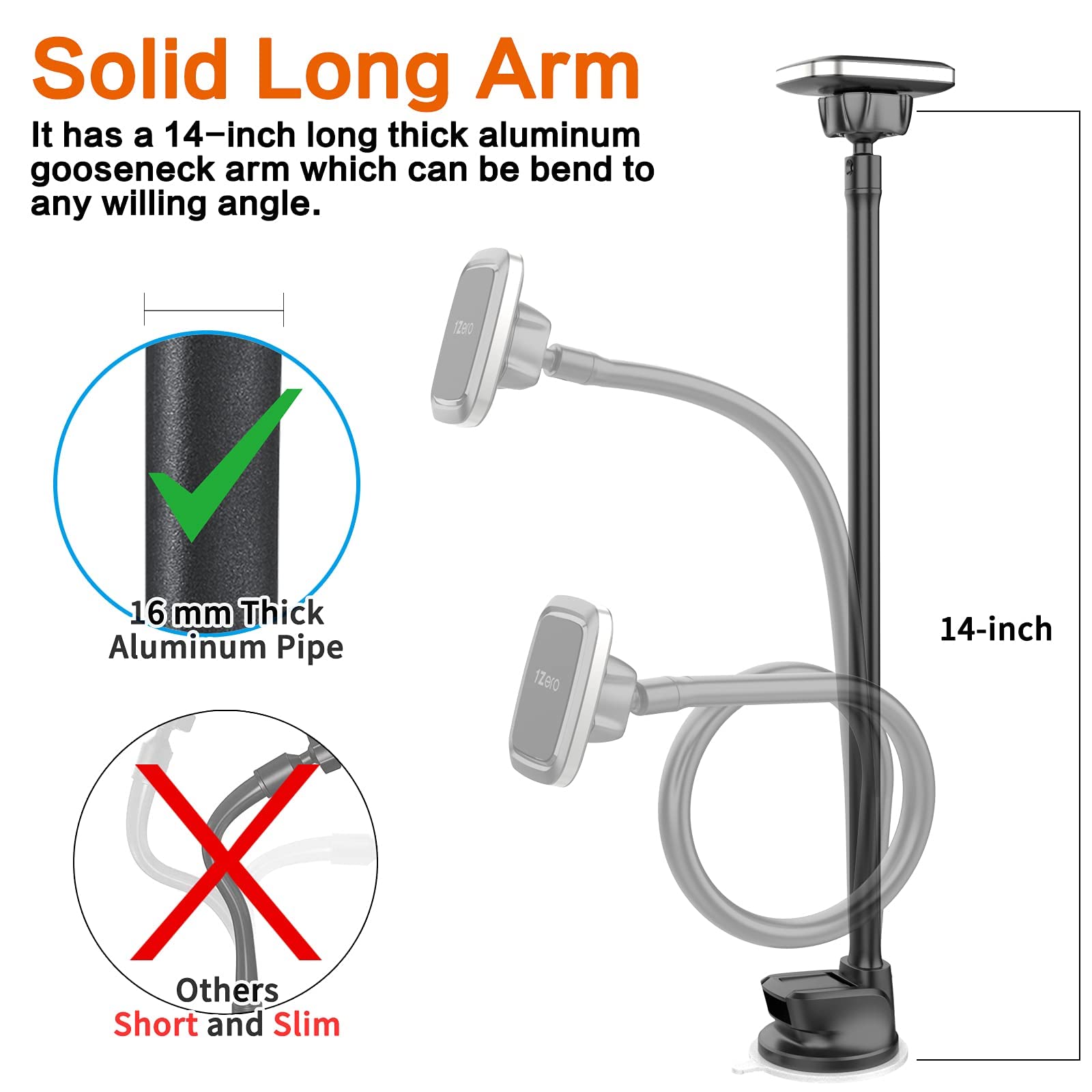 1Zero Magnetic Phone Car Mount 14-Inch Gooseneck Long Arm Extension, Universal Windshield Dashboard Industrial-Strength Suction