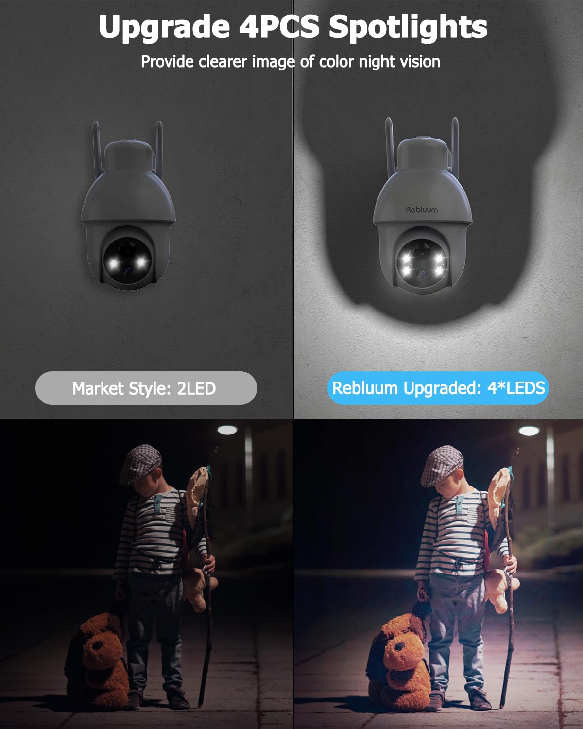 Rebluum Security Camera Wireless Outdoor, 2K Solar Security Camera,Battery Powered 360Ptz Security Camera,Color Night Vision,2 W