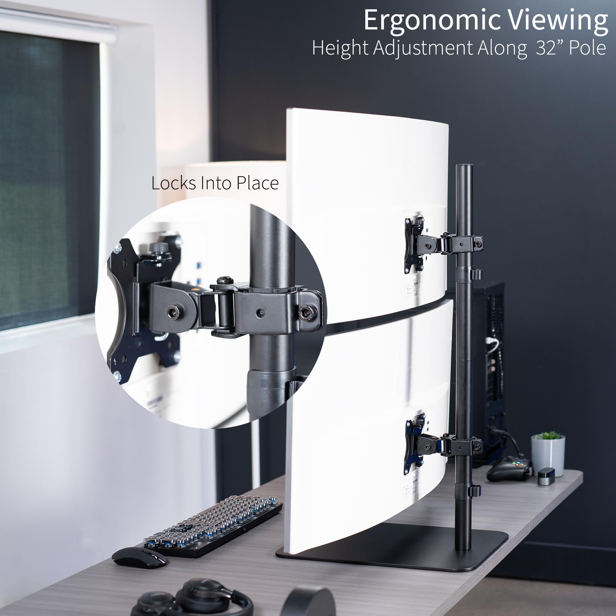 VIVO Freestanding Dual Vertically Stacked Ultra Wide Monitor Desk Stand, Extra Tall Heavy Duty Adjustable Mount for 2 Ultrawide Screens up to 45 inches, 25 lbs Per Screen Capacity, Black, STAND V200L