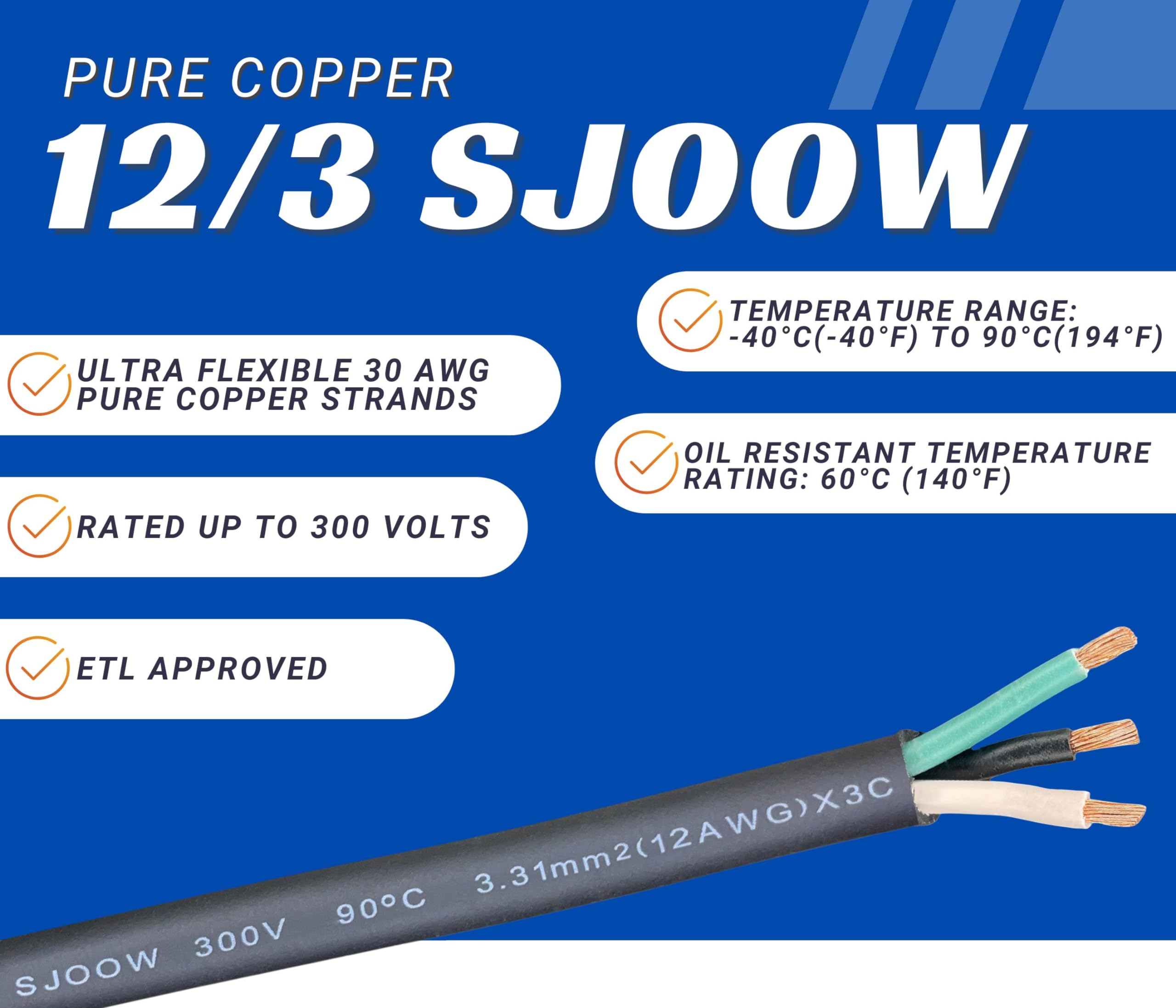 100 Feet 12/3 Sjoow Cable Cord 12 Awg 3 Conductor So Wire   12 Gauge 3 Conductor (12/3 Wire) 300V Portable Power Extension Cable