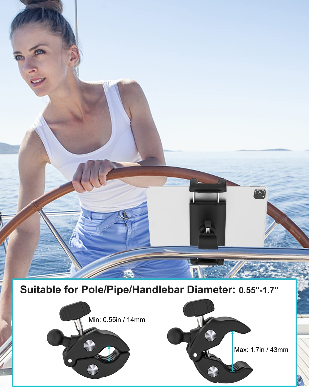 Dosvsi Boat Helm Tablet Holder, 360 Adjustable Marine Tablet Pole Mount, Sail Boat Pole Handle Phone Clamp, Bar Rail Post Tube C