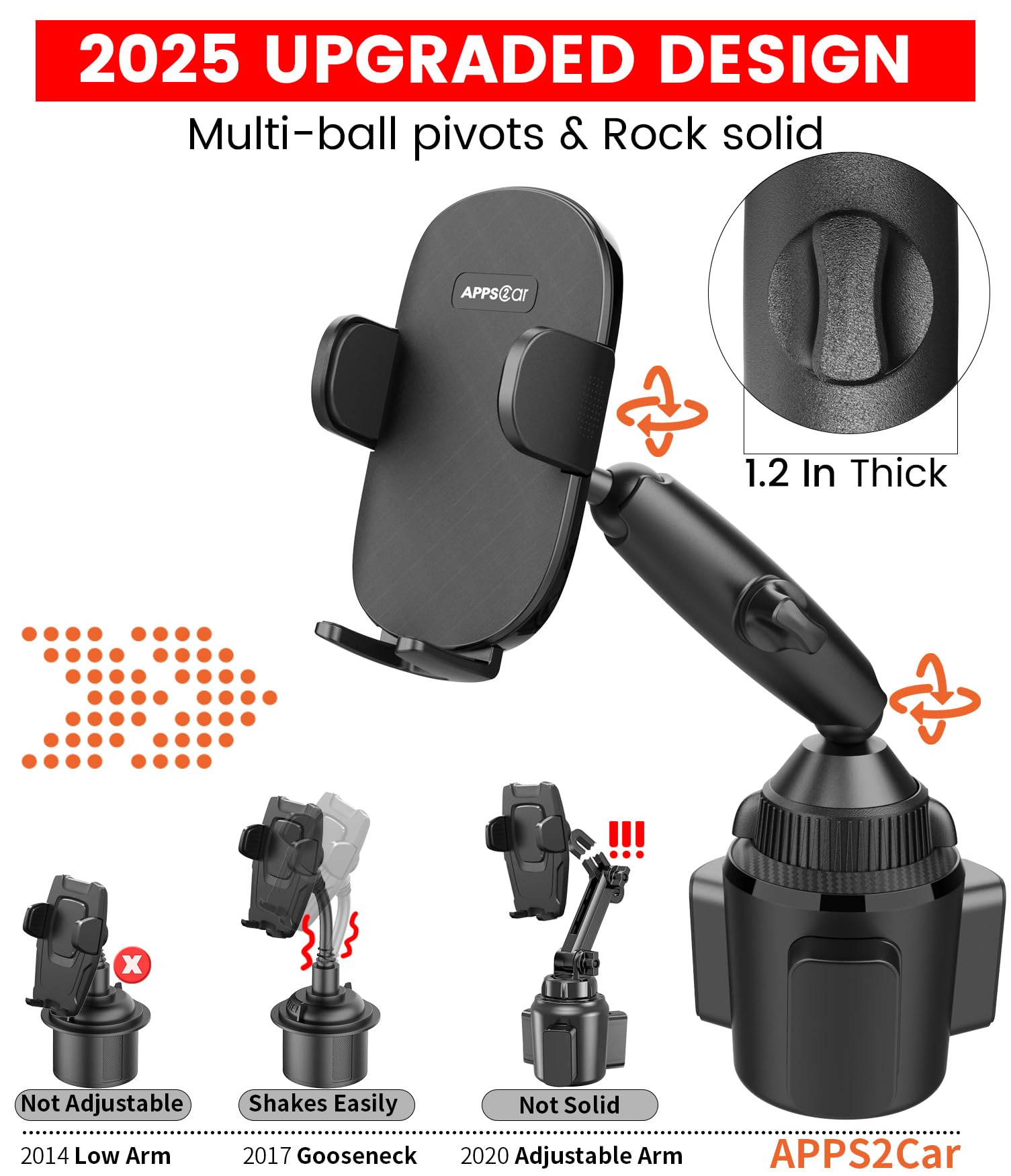 Apps2Car Sturdy Cup Phone Holder Mount For Car, Adjustable Height & Reach, Flexible Long Arm With Multi-Ball Pivot, One-Hand Ope