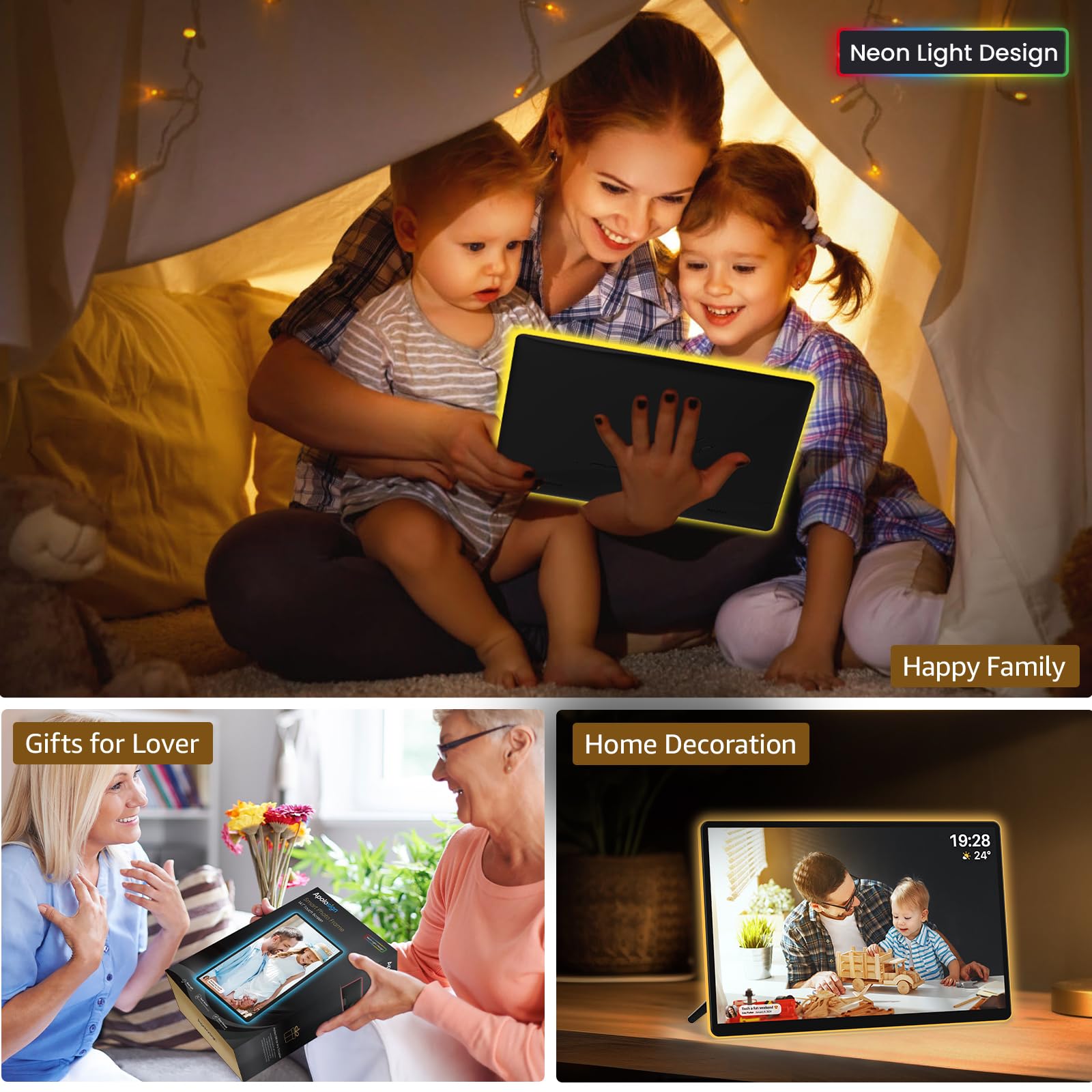 Apolosign 14.1'' Neon Light Digital Frame, 32Gb Storage Smart Digital Picture Frame, Easy Setup, 16:10 Aspect Ratio Glass Lamina